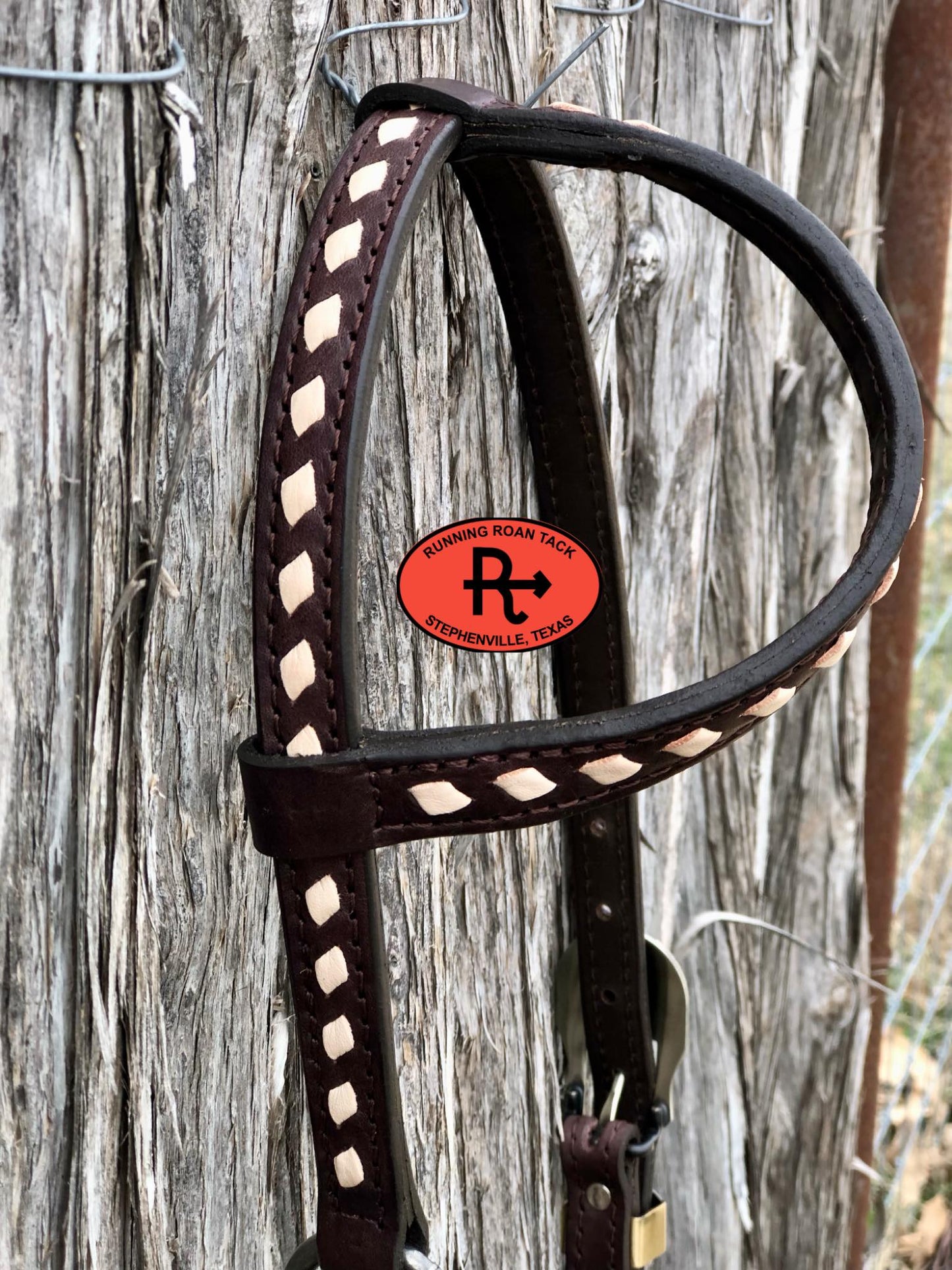 Single Ear Ring Headstall with White Buckstitch and German Silver Buckle 38"-42"