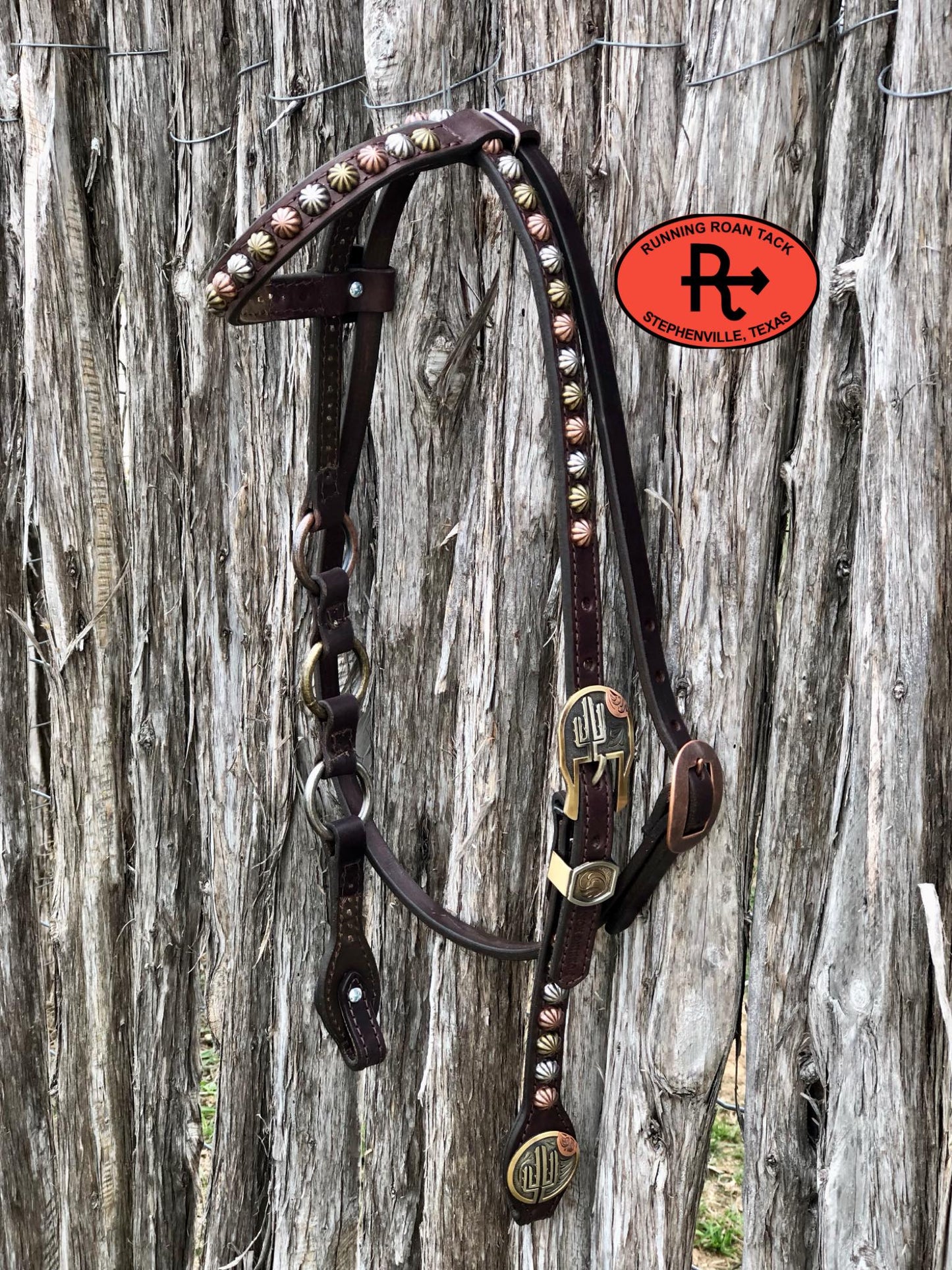 Single Ear with Throatlatch Ring Headstall with German Silver Tricolor Cactus Hardware 38"-42"