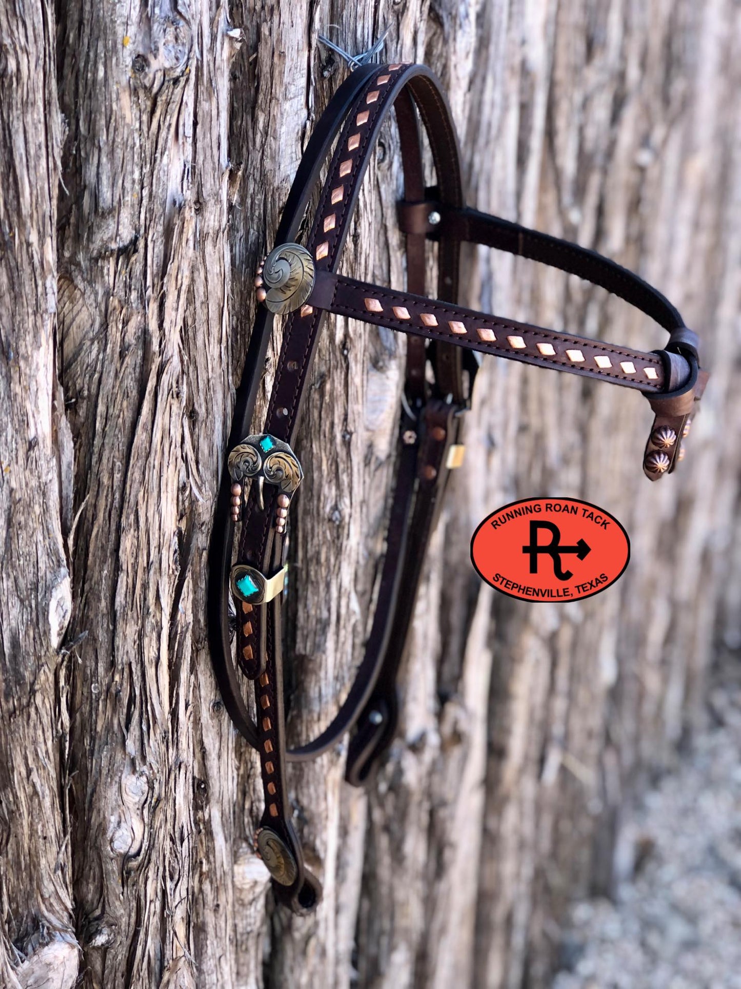 Futurity Knot Browband Headstall with Metallic Copper Buckstitch and German Silver Feather Hardware 36"-43"