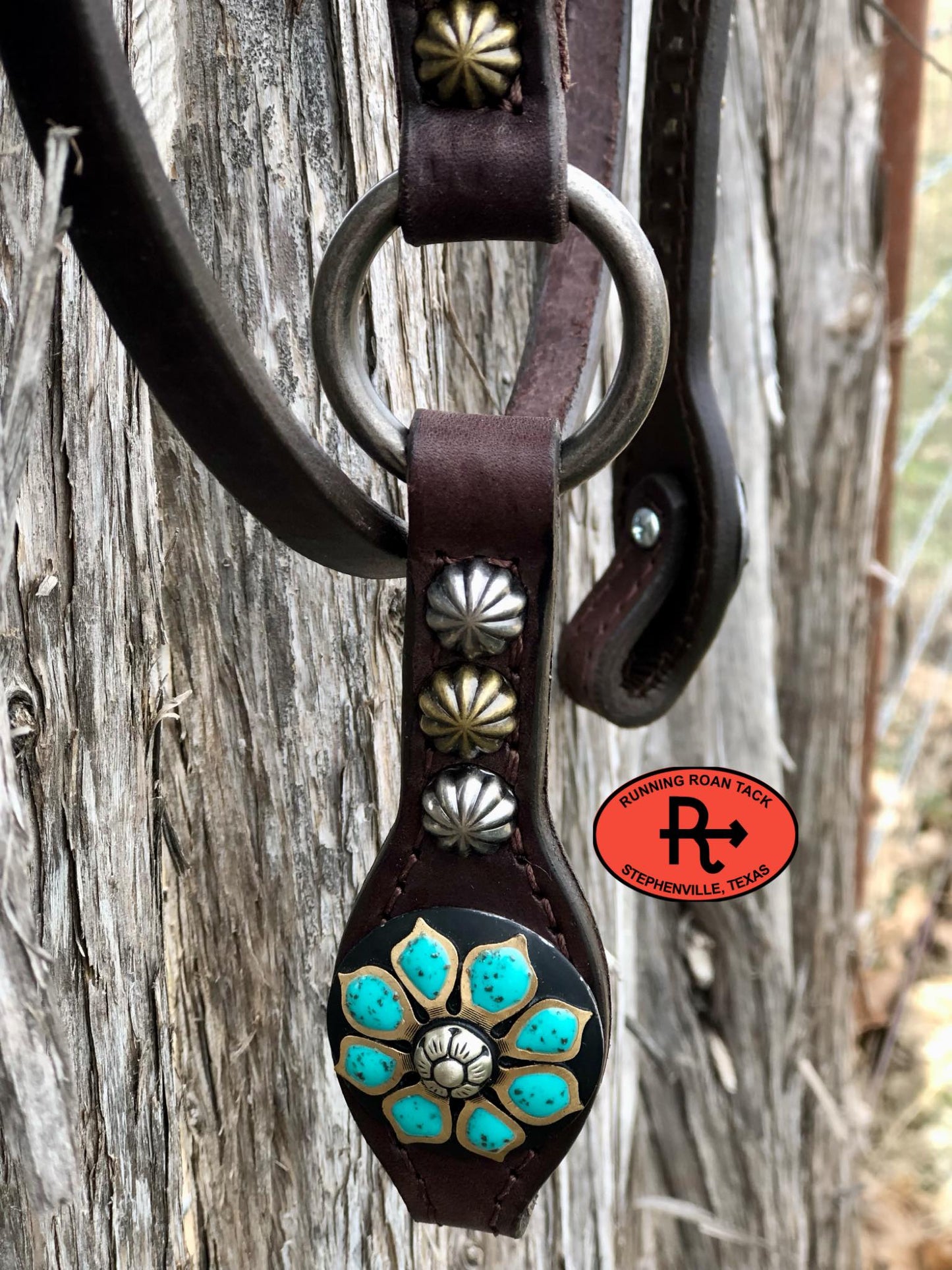 Single Ear with Throatlatch Ring Headstall with German Silver Turquoise Flower Hardware 36"-40"