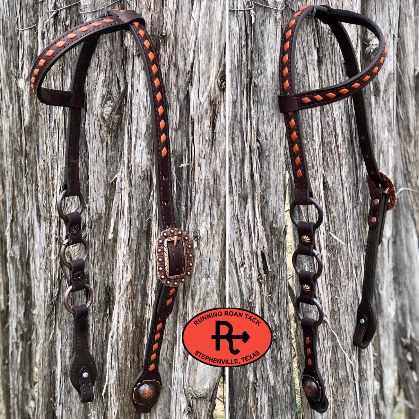 Single Ear Ring Headstall with Whisky Buckstitch and Copper Hardware 38"-42"