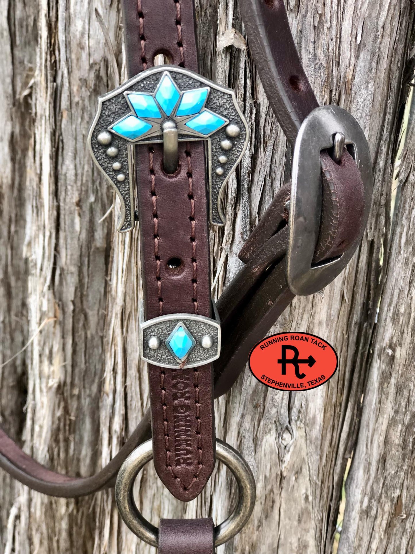 Browband Short Gag Ring Headstall with Antique Silver Cactus Flower Hardware 33"-37"