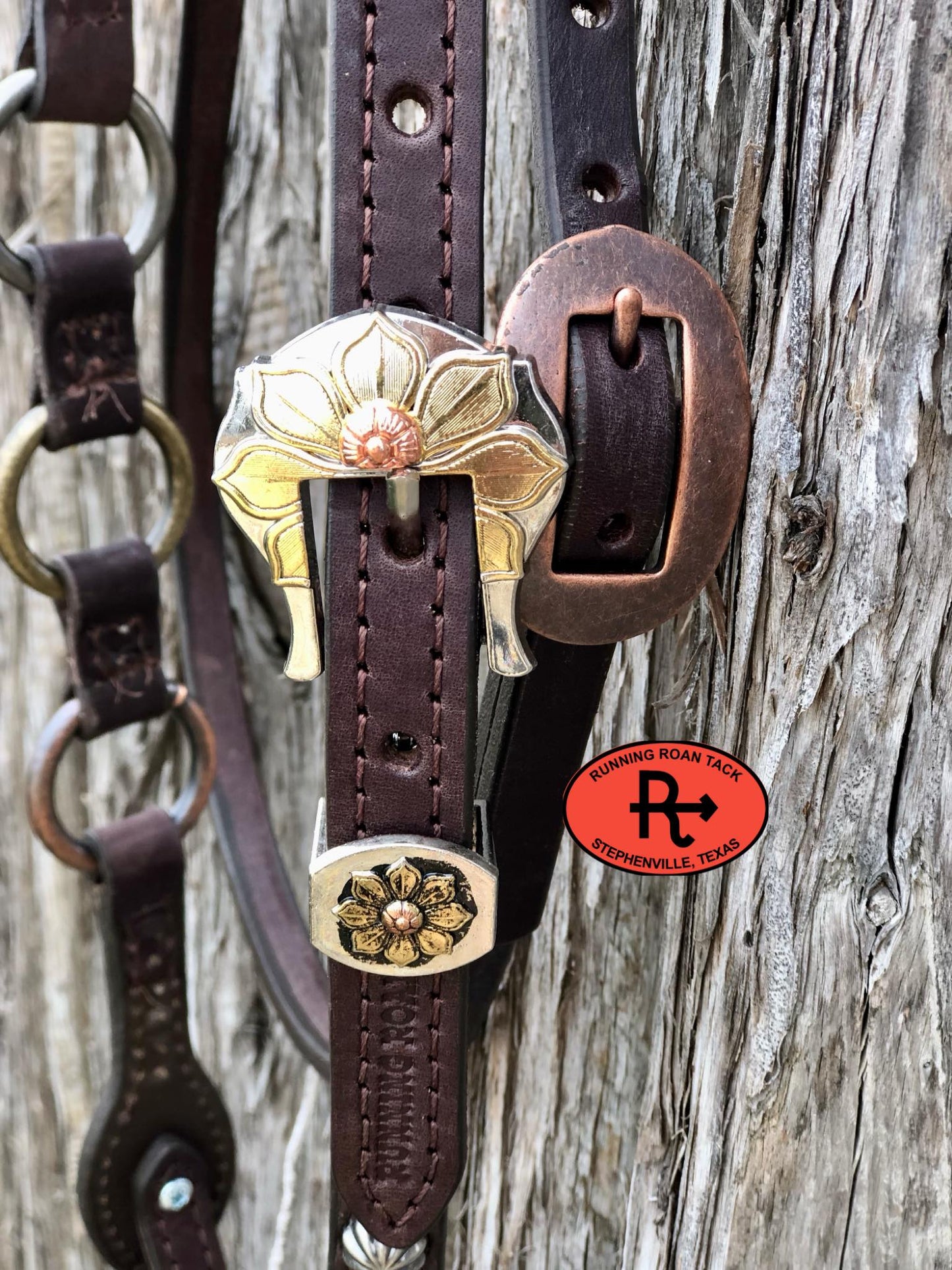 Single Ear with Throatlatch Ring Headstall with and Tricolor Flower Hardware 38"-42"