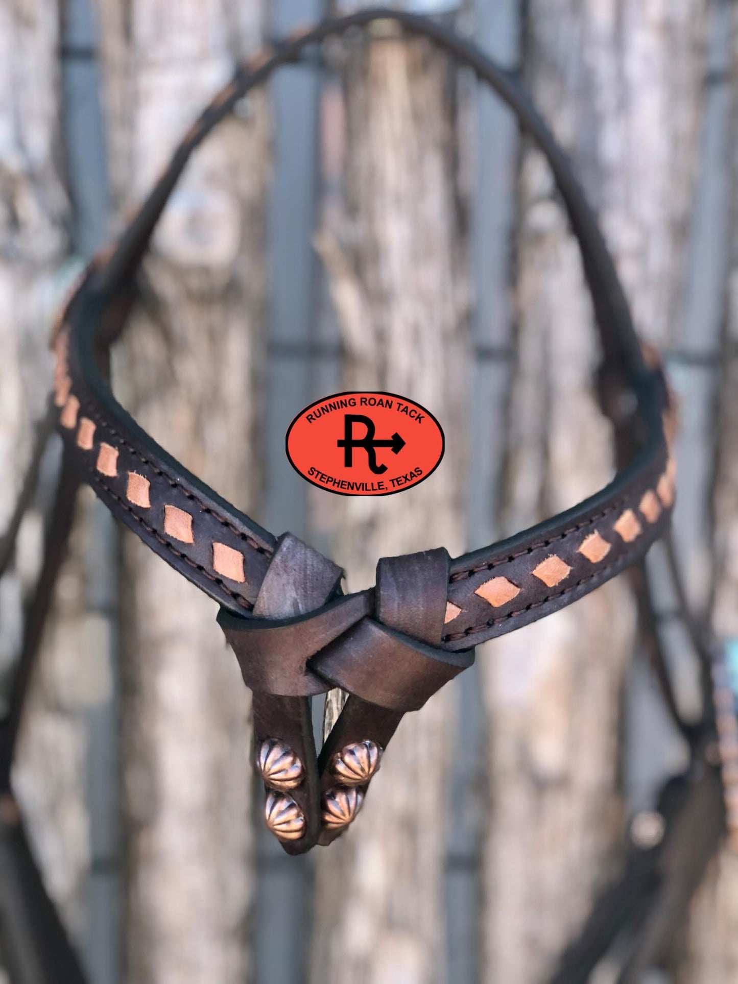 Futurity Knot Browband Headstall with Hair On Leopard, Tan Buckstitch and Faux Turquoise Hardware 36"-43"