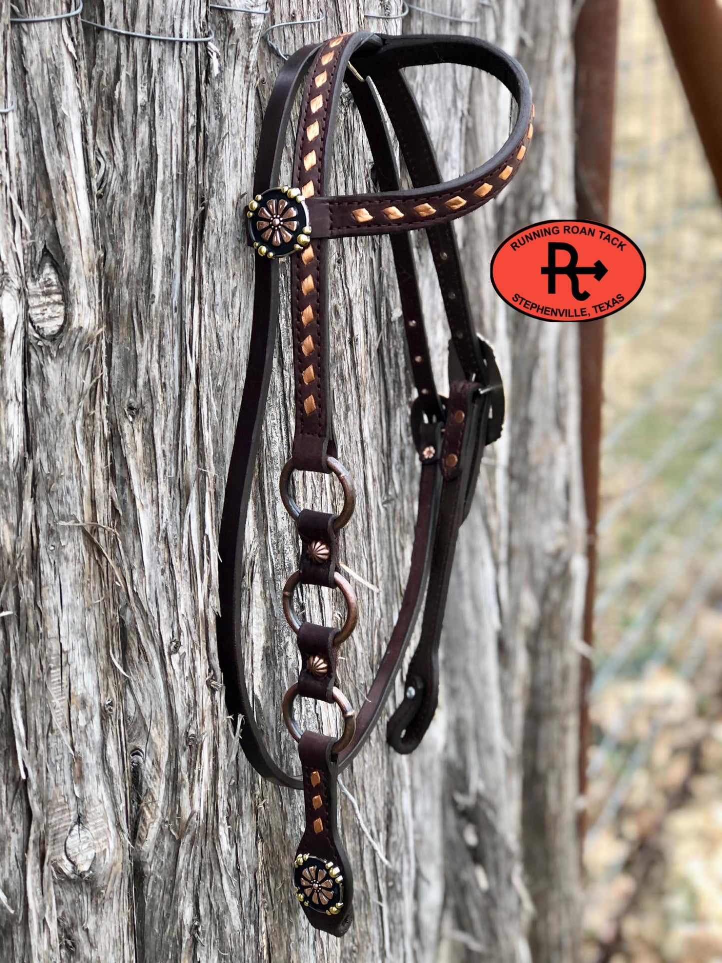 Single Ear with Throatlatch Ring Headstall with Copper Buckstitch and Tricolor Daisy Hardware 36"-40"