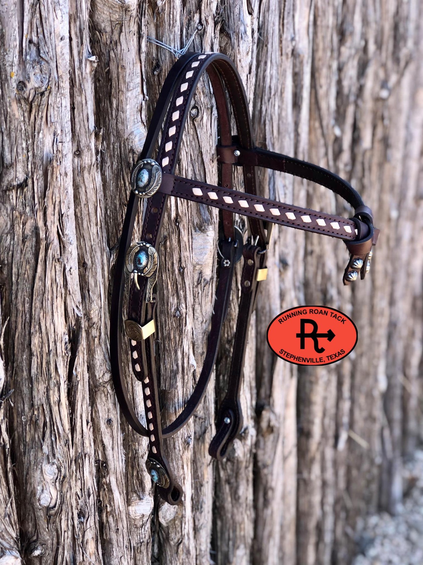 Futurity Knot Browband Headstall with White Buckstitch and German Silver Hardware 36"-43"