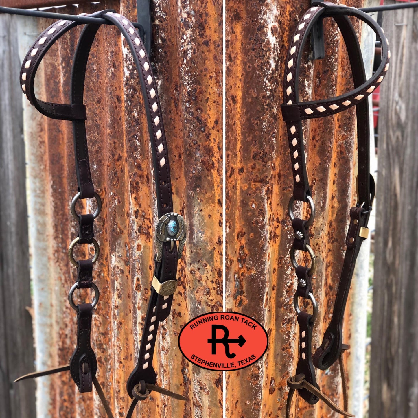 Single Ear Ring Headstall with White Buckstitch and German Silver Buckle 38"-42"