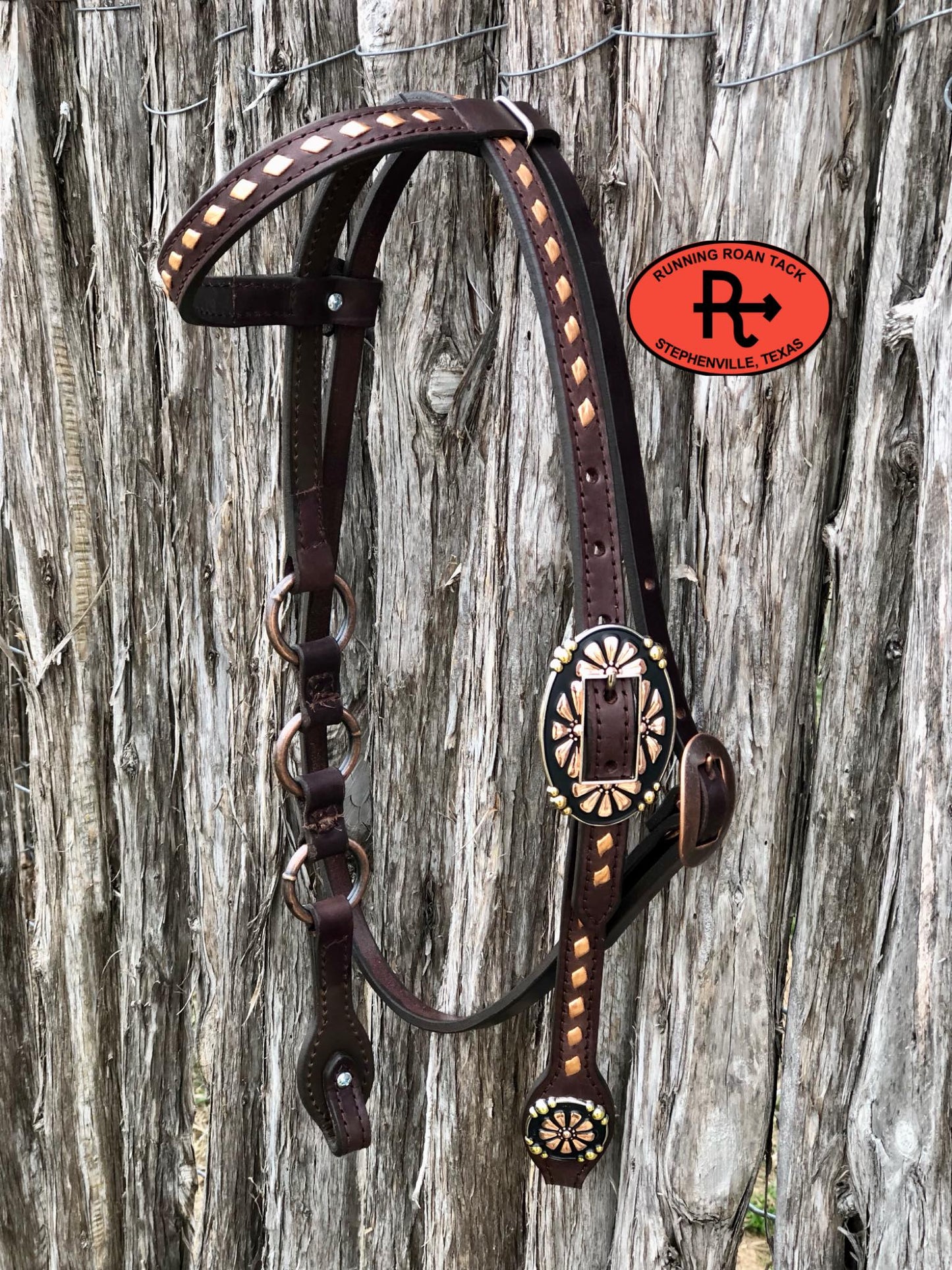 Single Ear with Throatlatch Ring Headstall with Copper Buckstitch and Tricolor Daisy Hardware 36"-40"