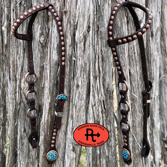 Single Ear Ring Headstall with Parachute Dots and Copper Cactus Flower Hardware 39"-43"