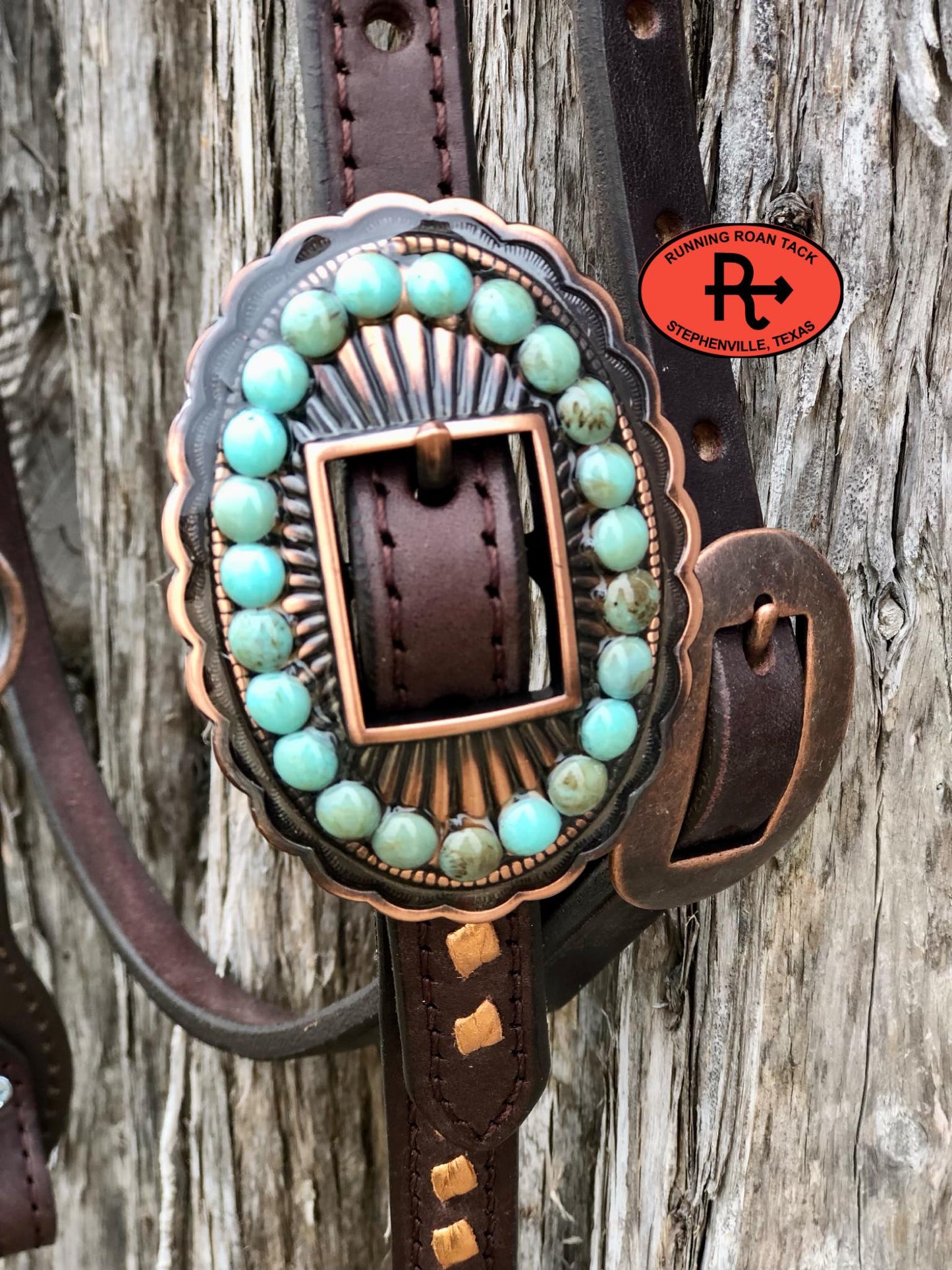 Single Ear with Throatlatch Ring Headstall with Copper Buckstitch and Turquoise Stone Hardware 38"-42"