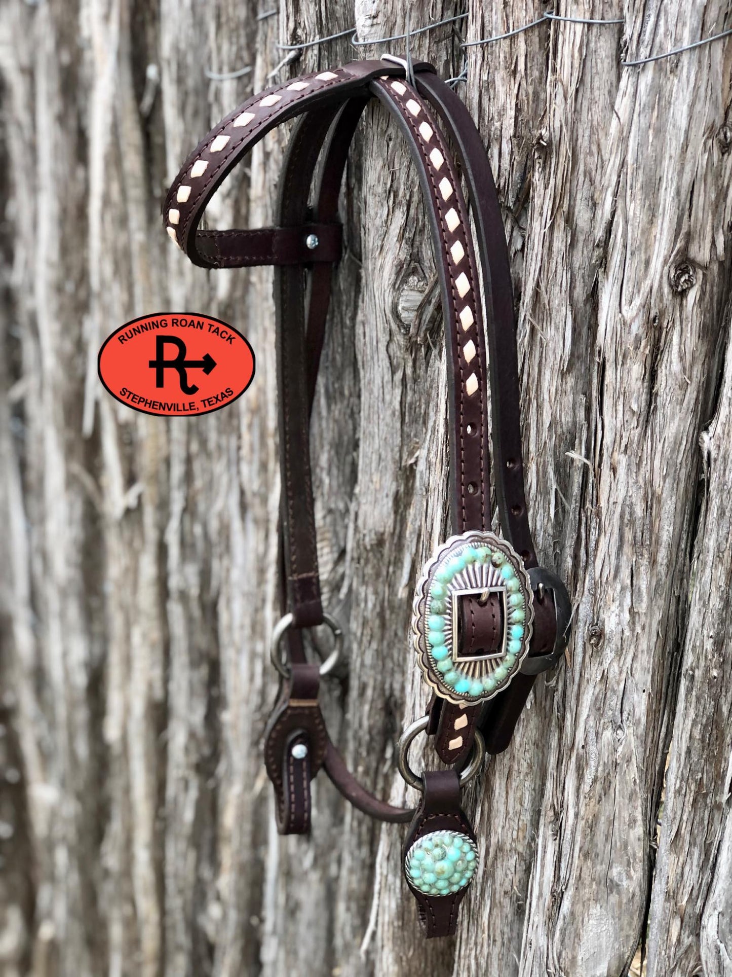 Single Ear Short Gag Ring Headstall with White Buckstitch and Turquoise Stone Hardware 33"-37"