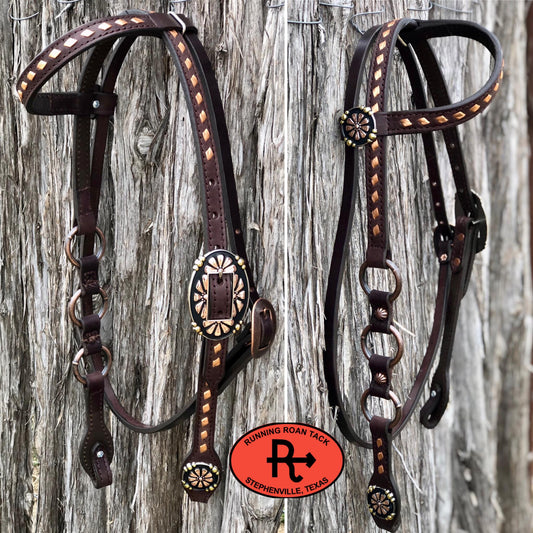 Single Ear with Throatlatch Ring Headstall with Copper Buckstitch and Tricolor Daisy Hardware 36"-40"