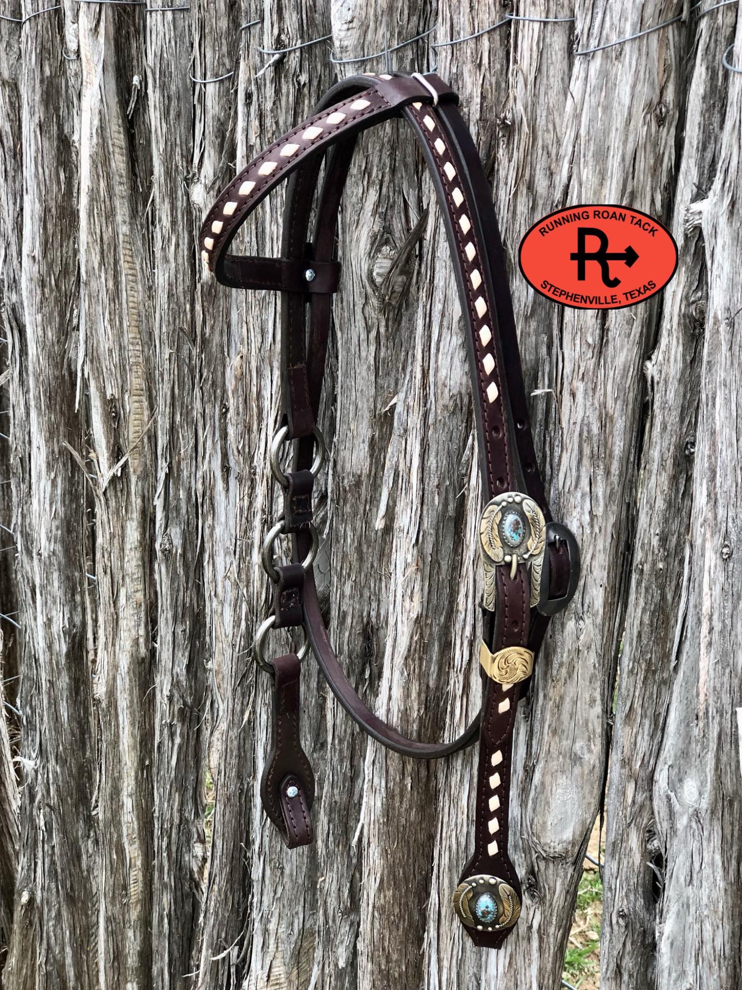 Single Ear with Throatlatch Ring Headstall with White Buckstitch and German Silver Hardware 39"-43"