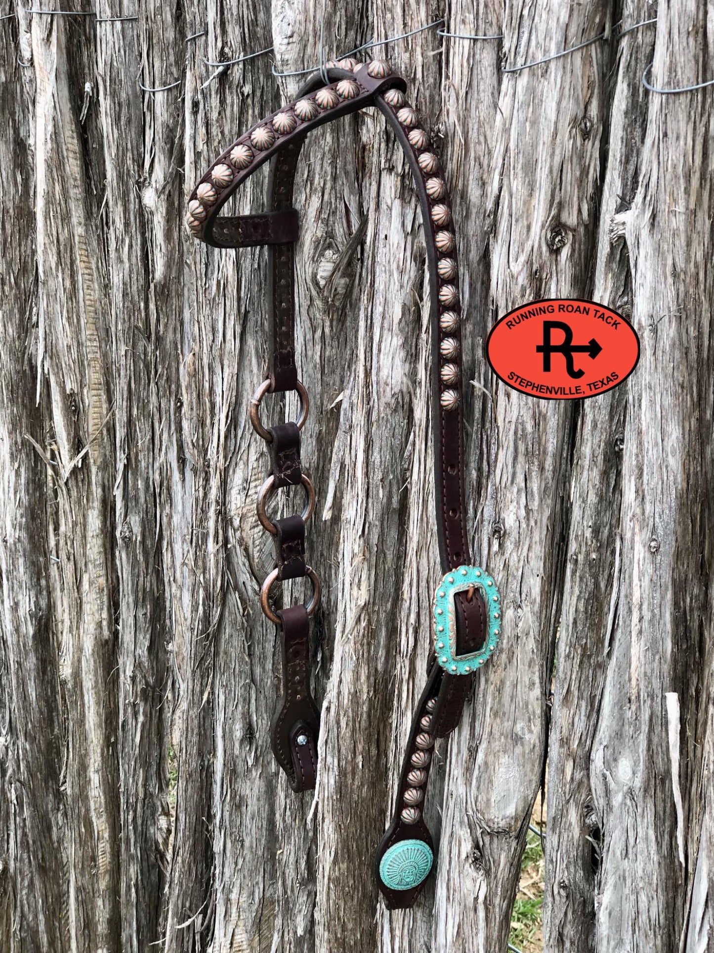 Single Ear Ring Headstall with Copper Patina Dots and Hardware 38"-42"