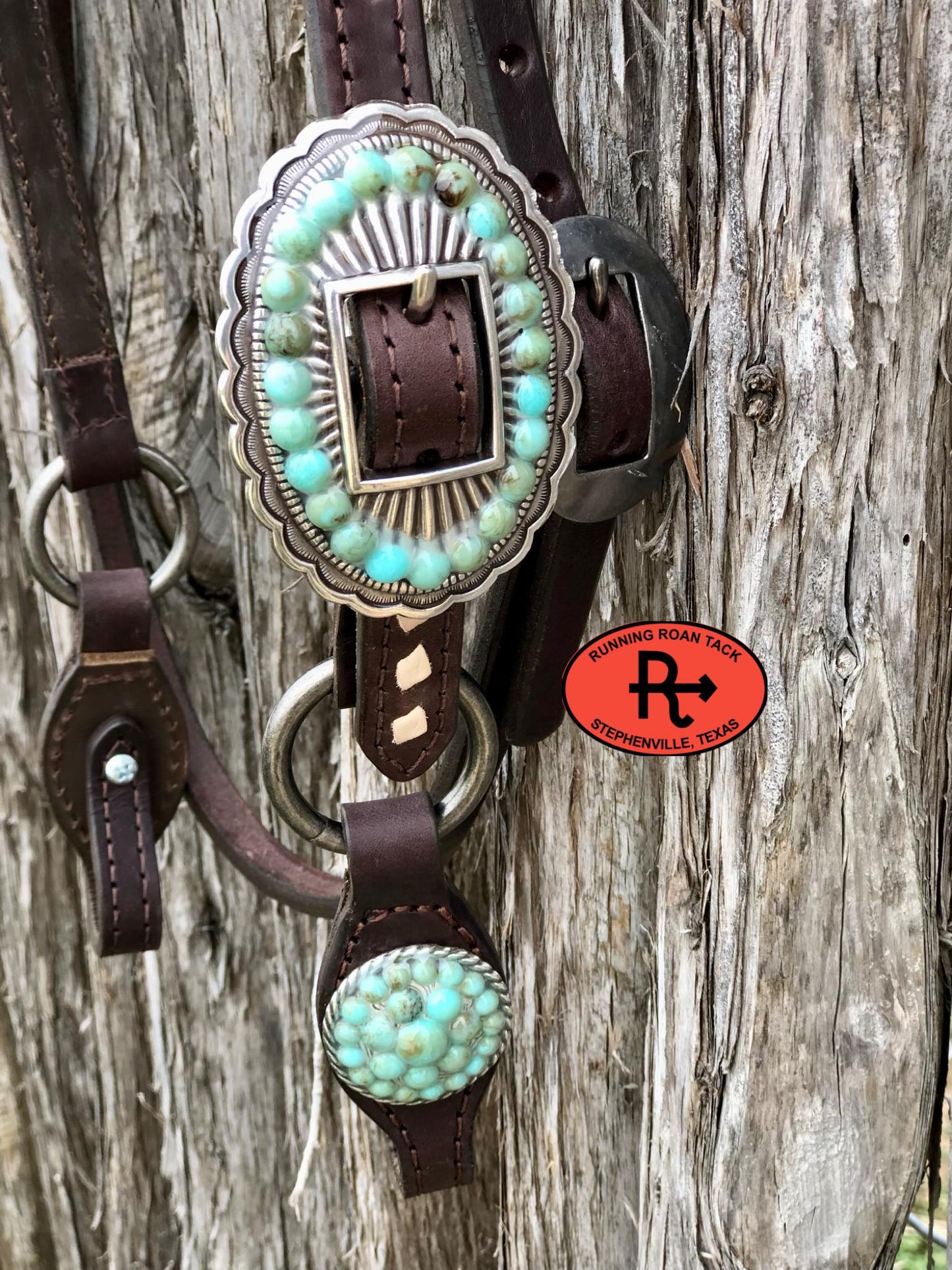 Single Ear Short Gag Ring Headstall with White Buckstitch and Turquoise Stone Hardware 33"-37"