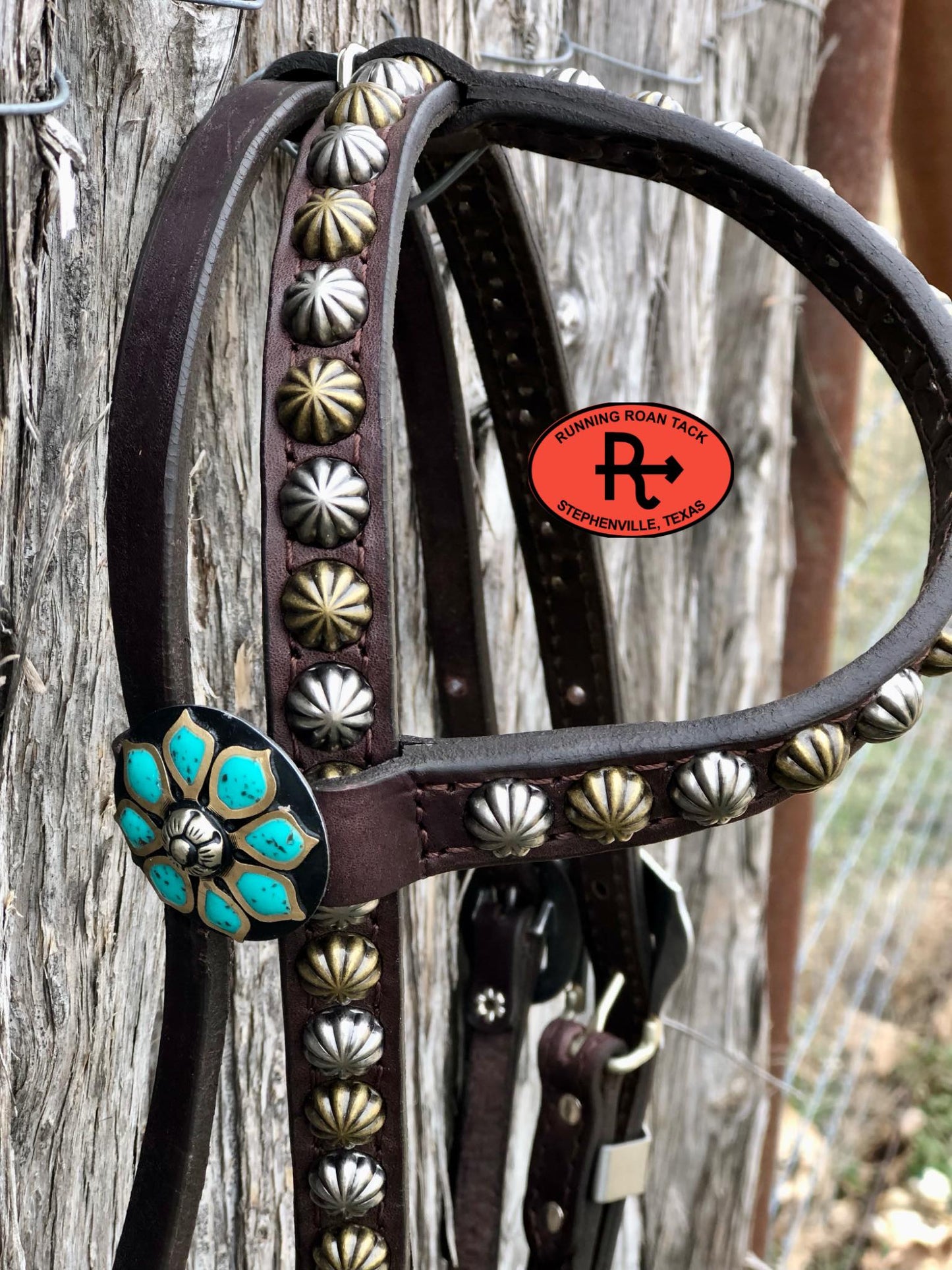 Single Ear with Throatlatch Ring Headstall with German Silver Turquoise Flower Hardware 36"-40"