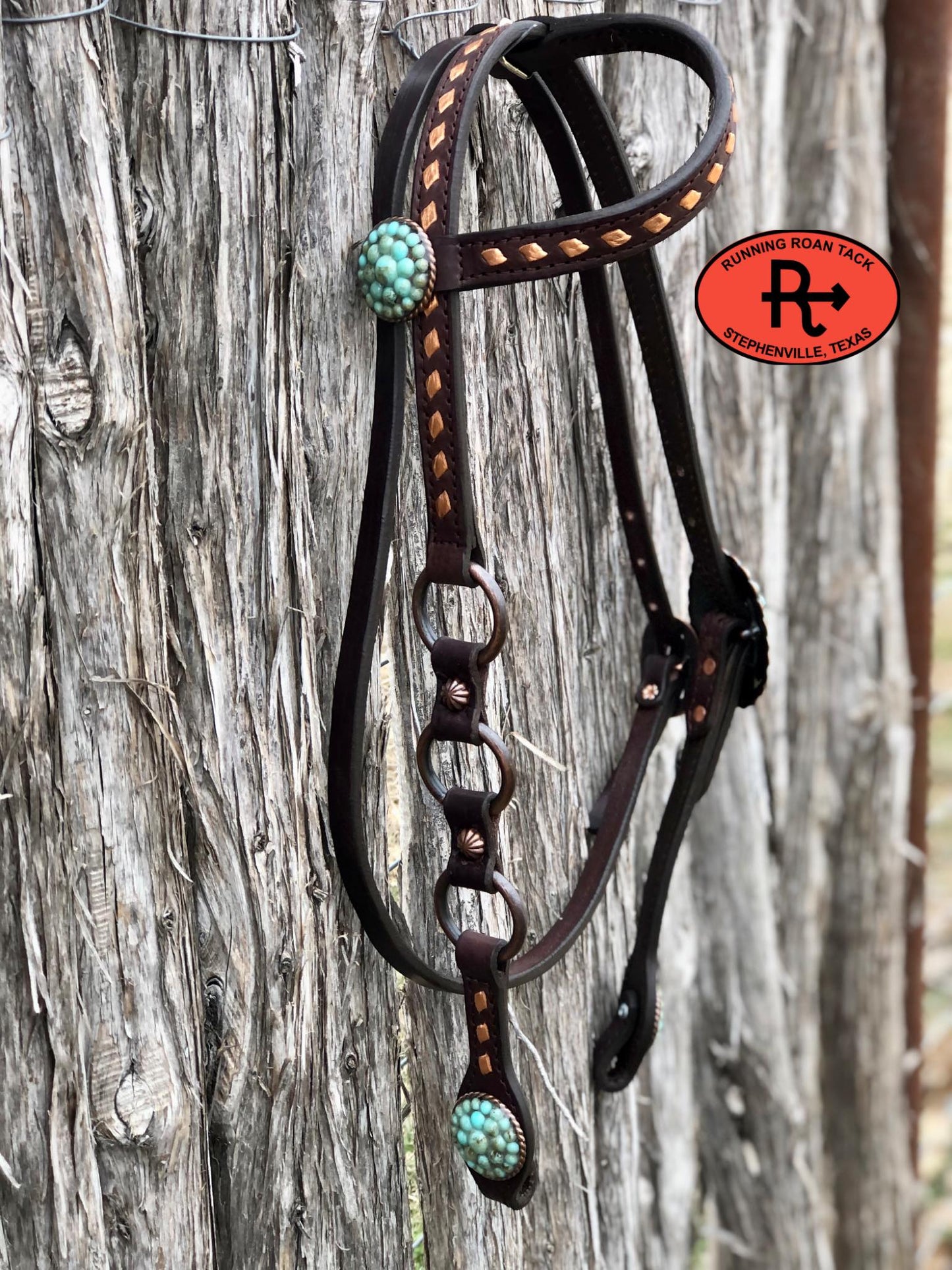 Single Ear with Throatlatch Ring Headstall with Copper Buckstitch and Turquoise Stone Hardware 38"-42"