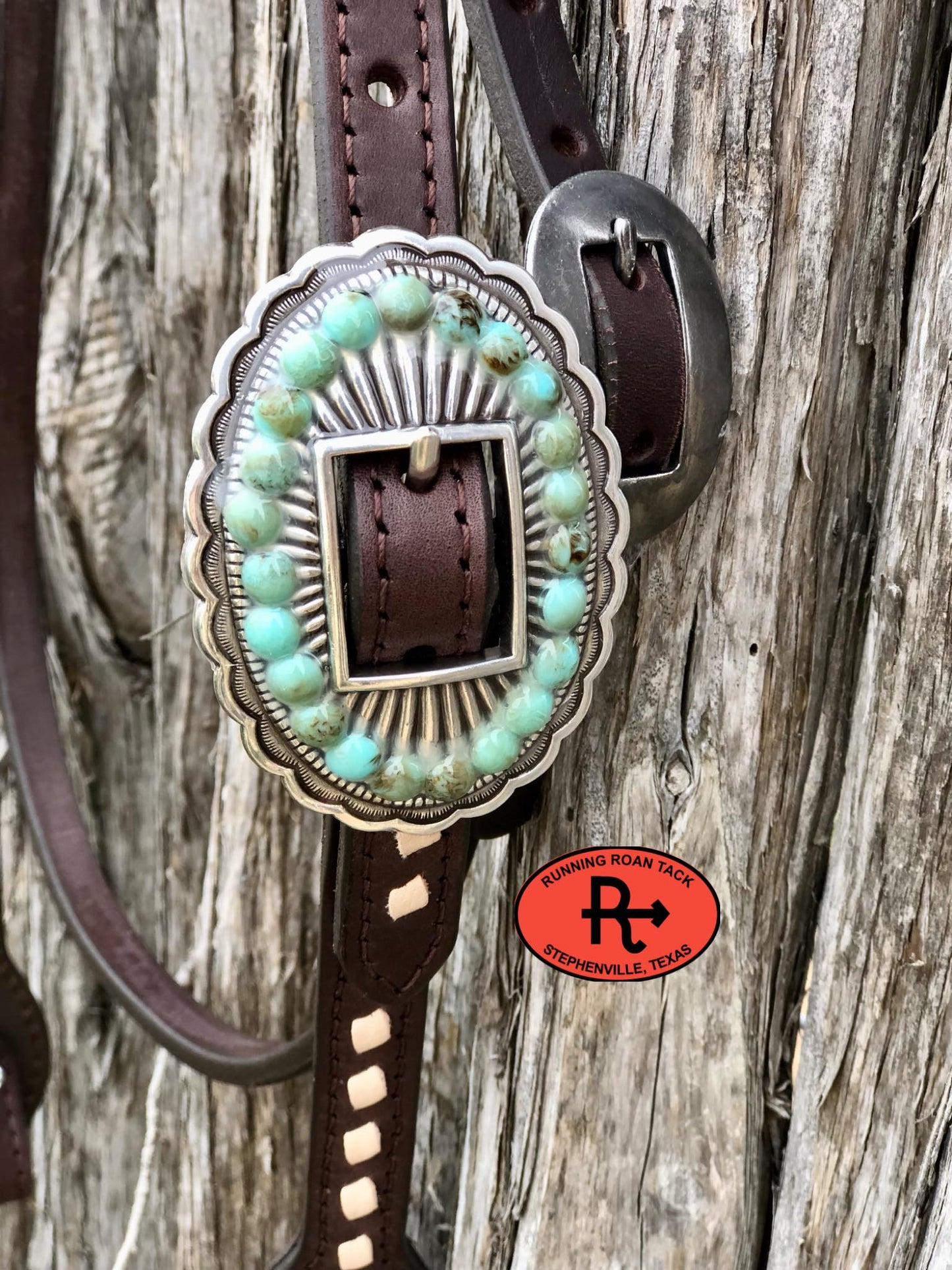 Single Ear with Throatlatch Ring Headstall with White Buckstitch and Turquoise Stone Hardware 38"-42"