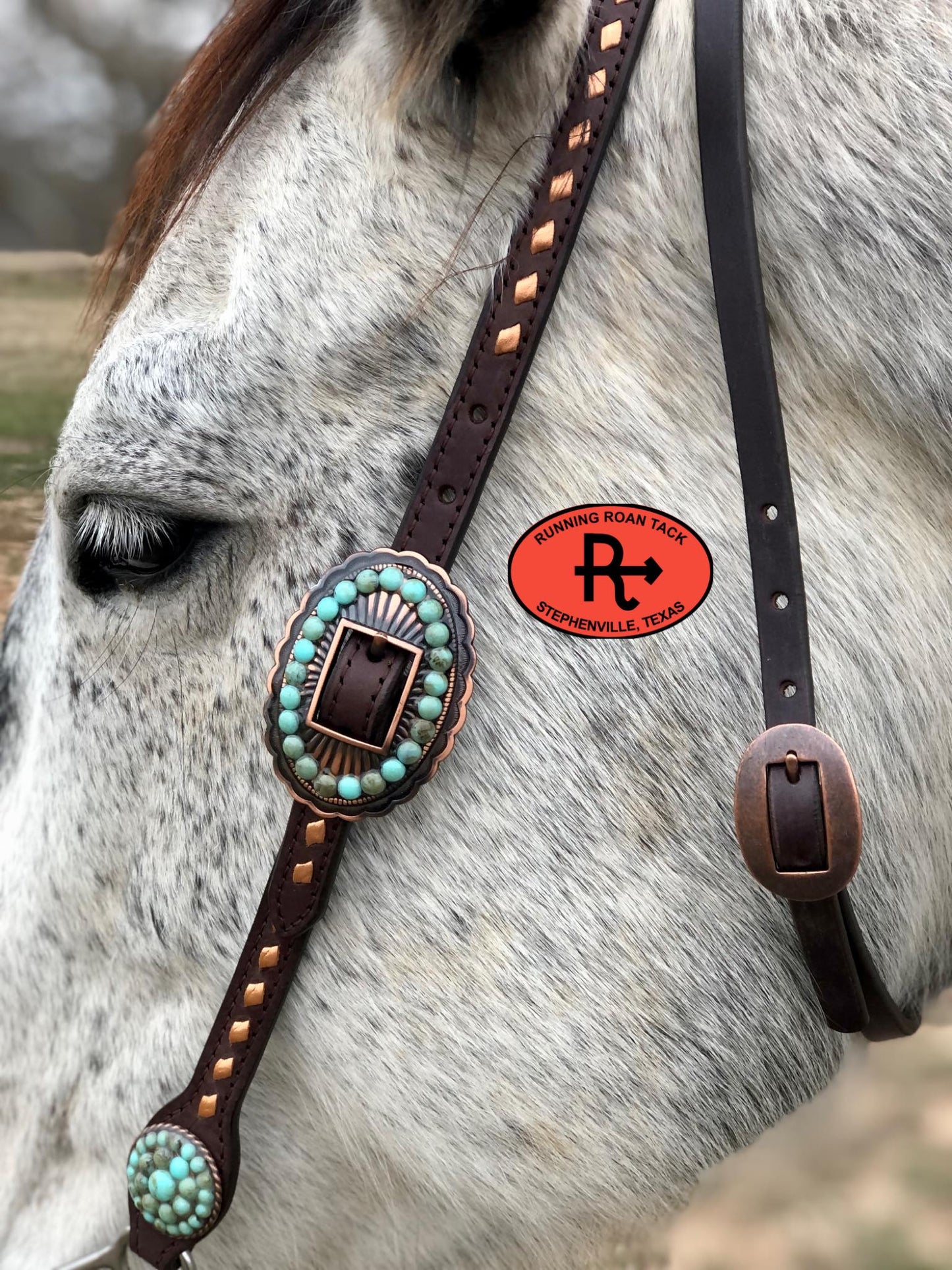 Single Ear with Throatlatch Ring Headstall with Copper Buckstitch and Turquoise Stone Hardware 38"-42"