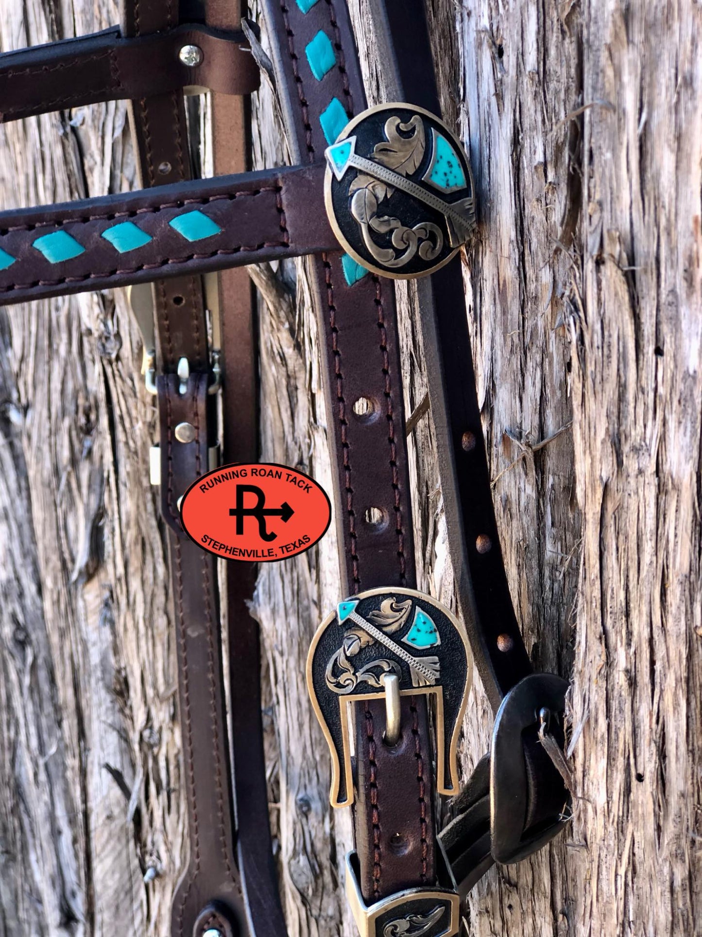 Futurity Knot Browband Headstall with Turquoise Buckstitch and German Silver Feather Hardware 36"-43"