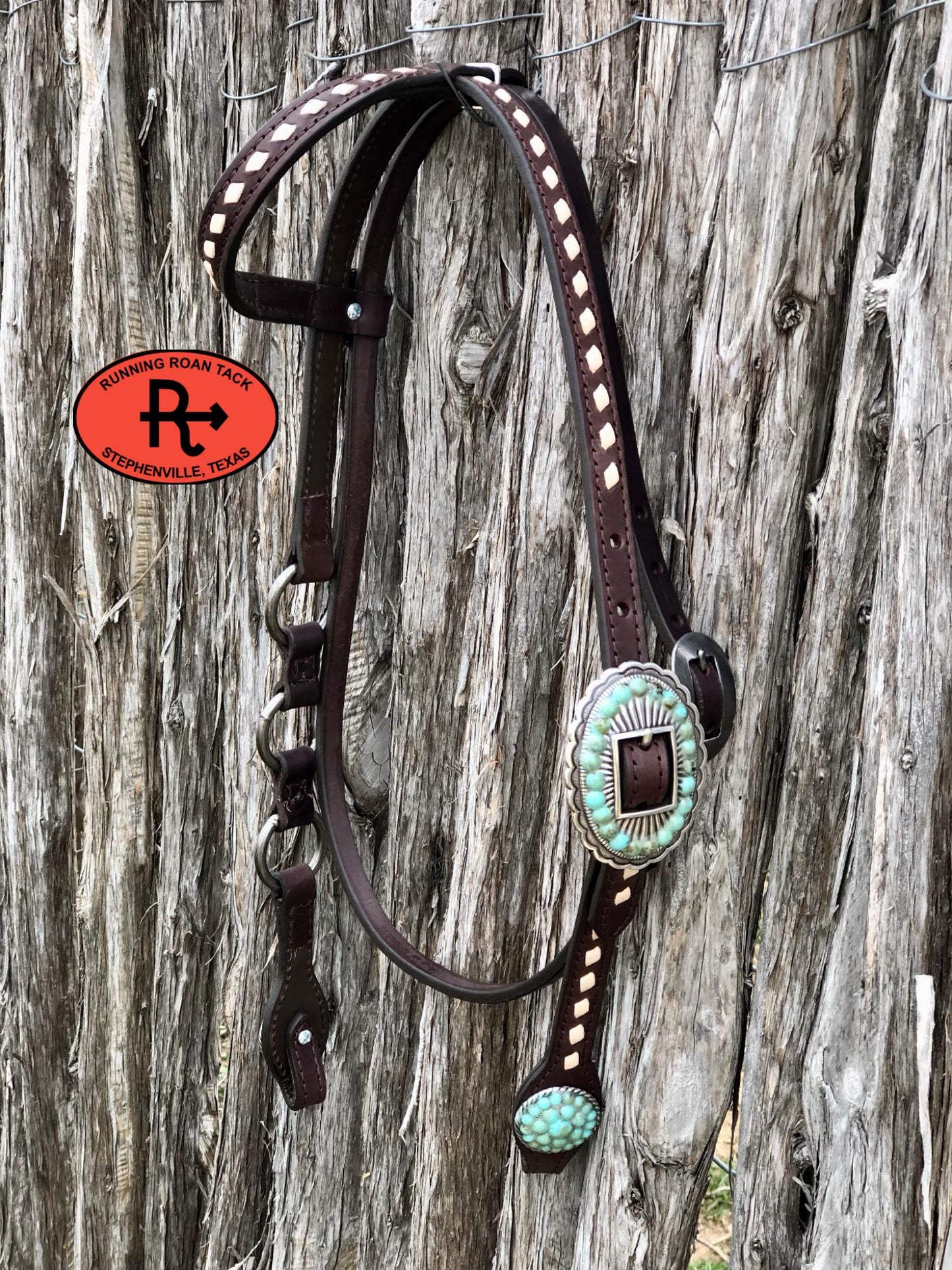 Single Ear with Throatlatch Ring Headstall with White Buckstitch and Turquoise Stone Hardware 38"-42"