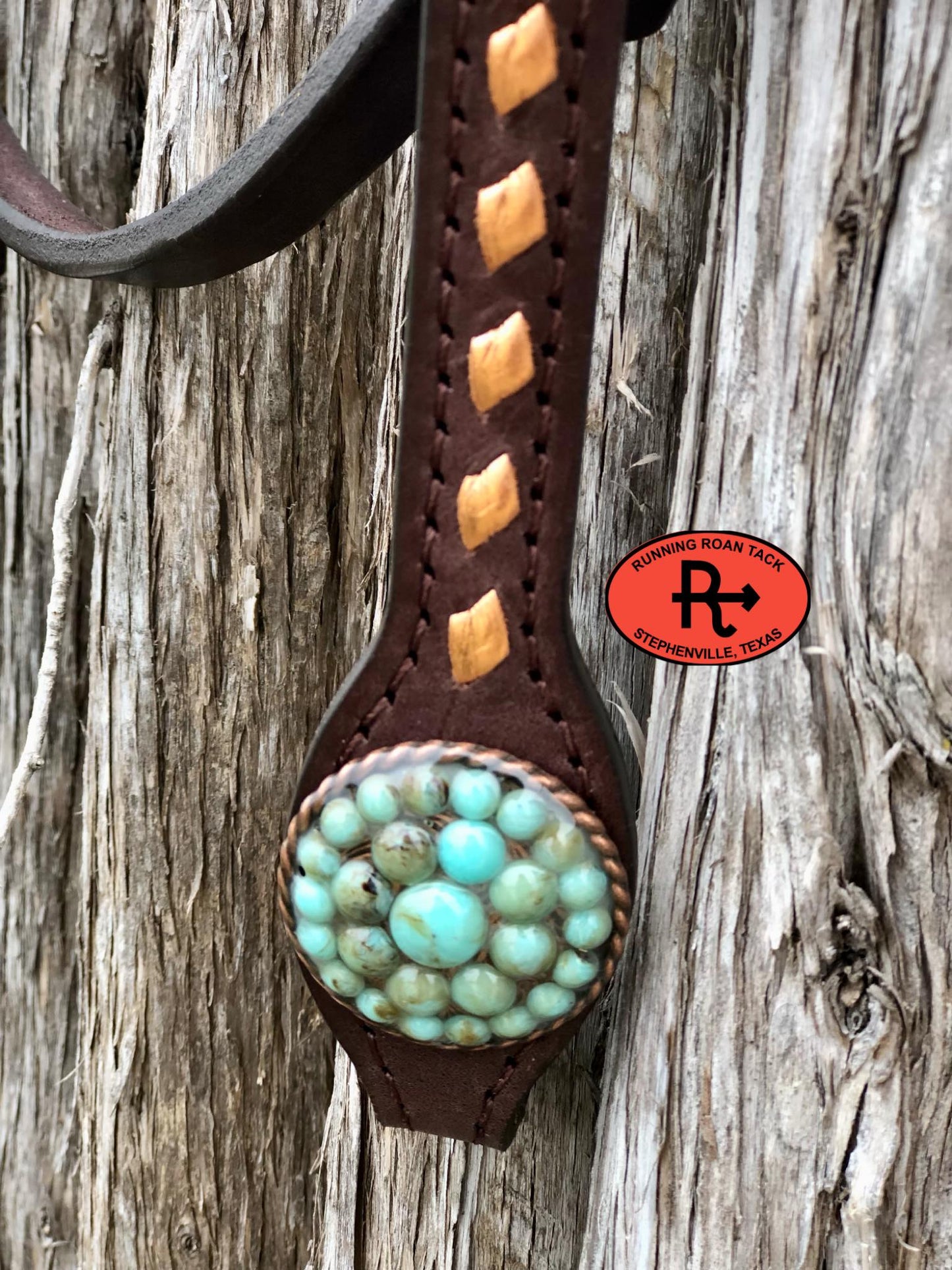 Single Ear with Throatlatch Ring Headstall with Copper Buckstitch and Turquoise Stone Hardware 38"-42"