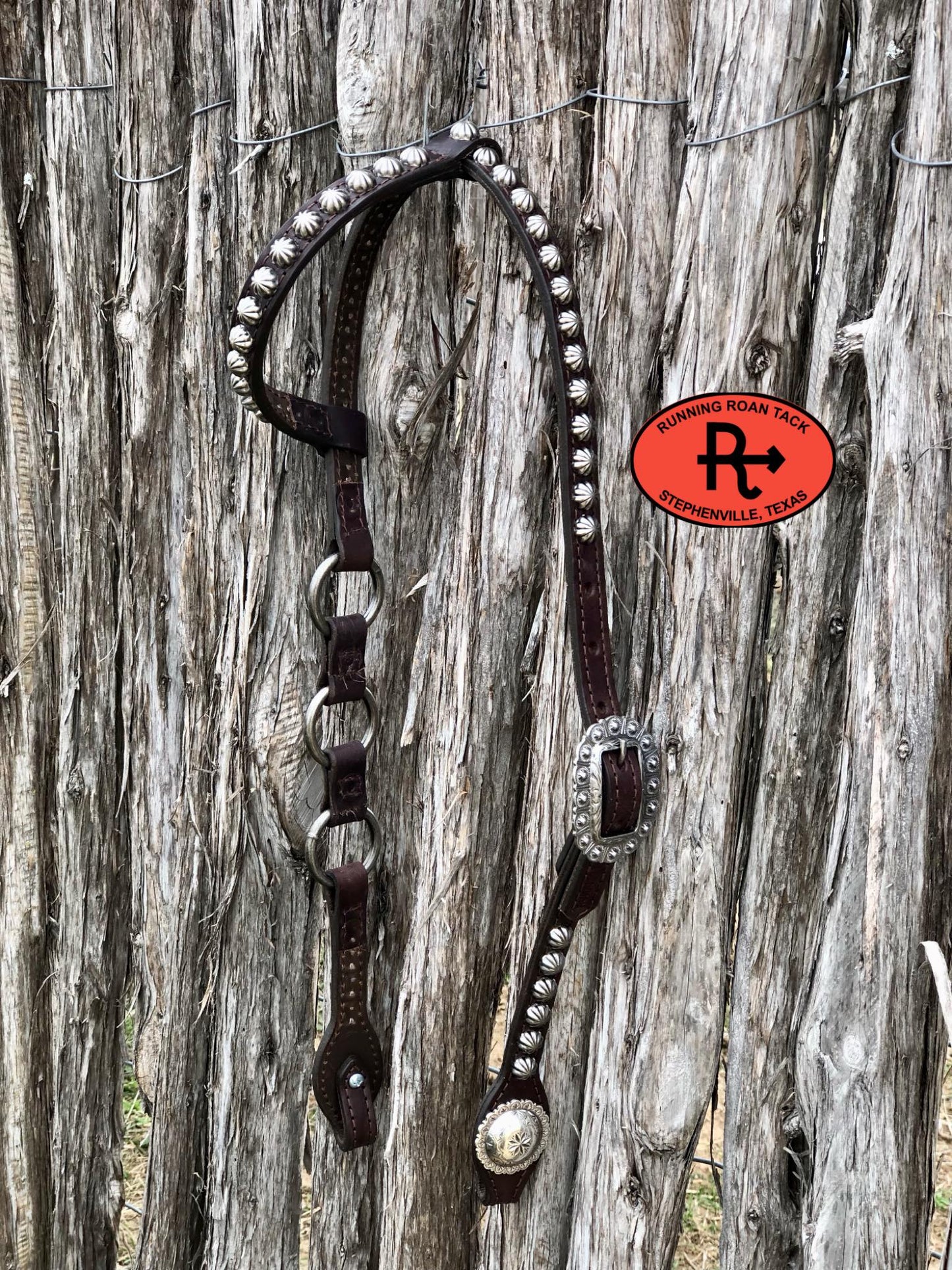 Single Ear Ring Headstall with Antique Silver Parachute Dots and Hardware 38"-42"