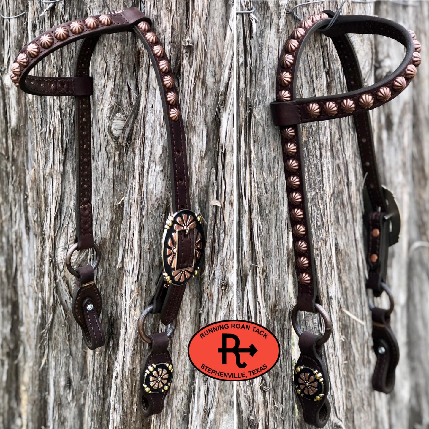 Single Ear Short Gag Ring Headstall with Copper Parachute Dots and Tricolor Daisy Hardware 30"-34"