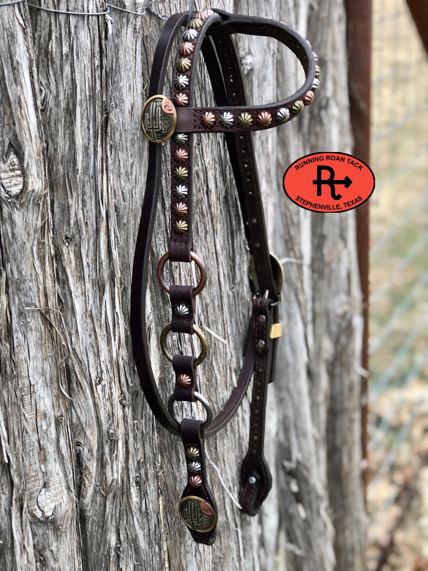 Single Ear with Throatlatch Ring Headstall with German Silver Tricolor Cactus Hardware 38"-42"