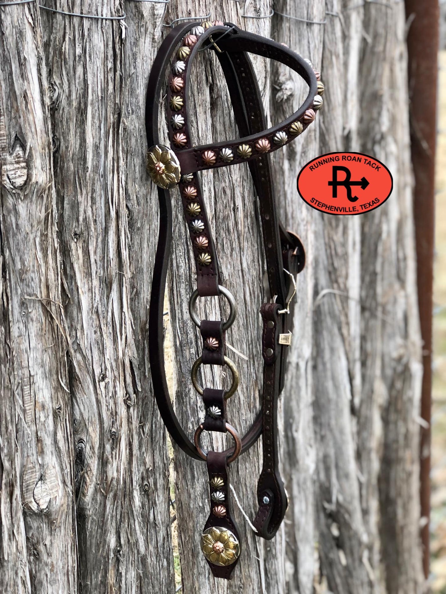 Single Ear with Throatlatch Ring Headstall with and Tricolor Flower Hardware 38"-42"