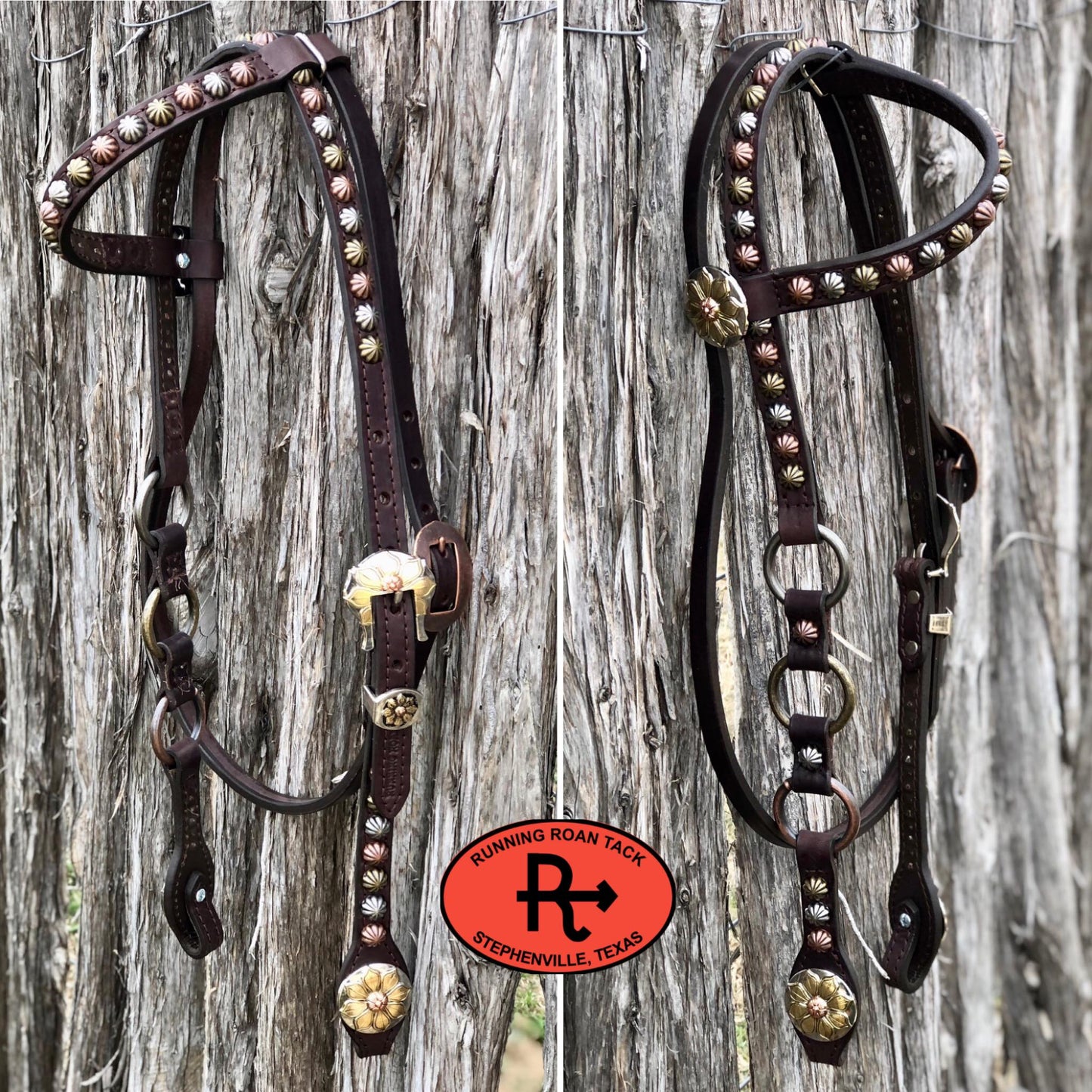 Single Ear with Throatlatch Ring Headstall with and Tricolor Flower Hardware 38"-42"