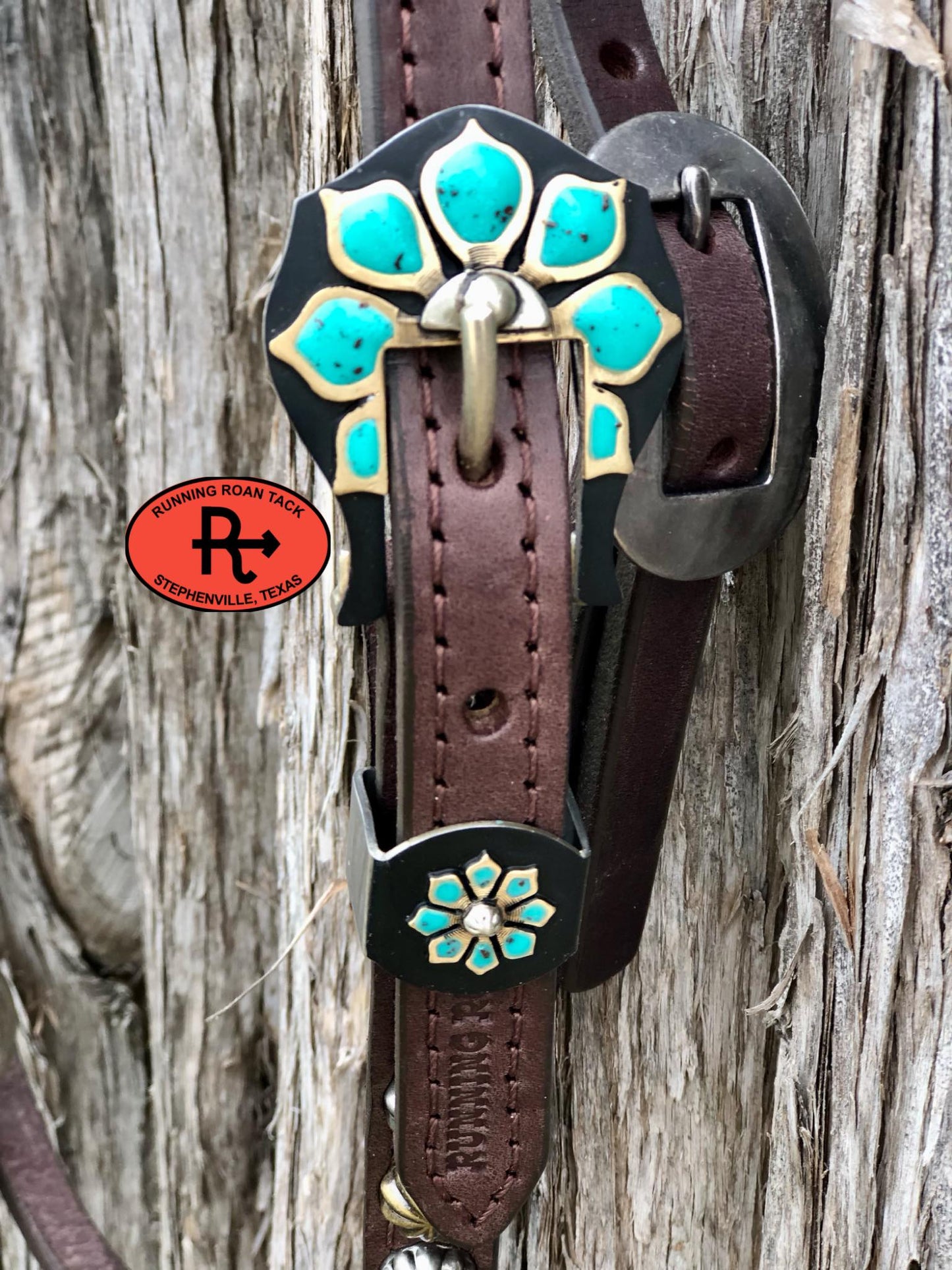 Single Ear with Throatlatch Ring Headstall with German Silver Turquoise Flower Hardware 36"-40"