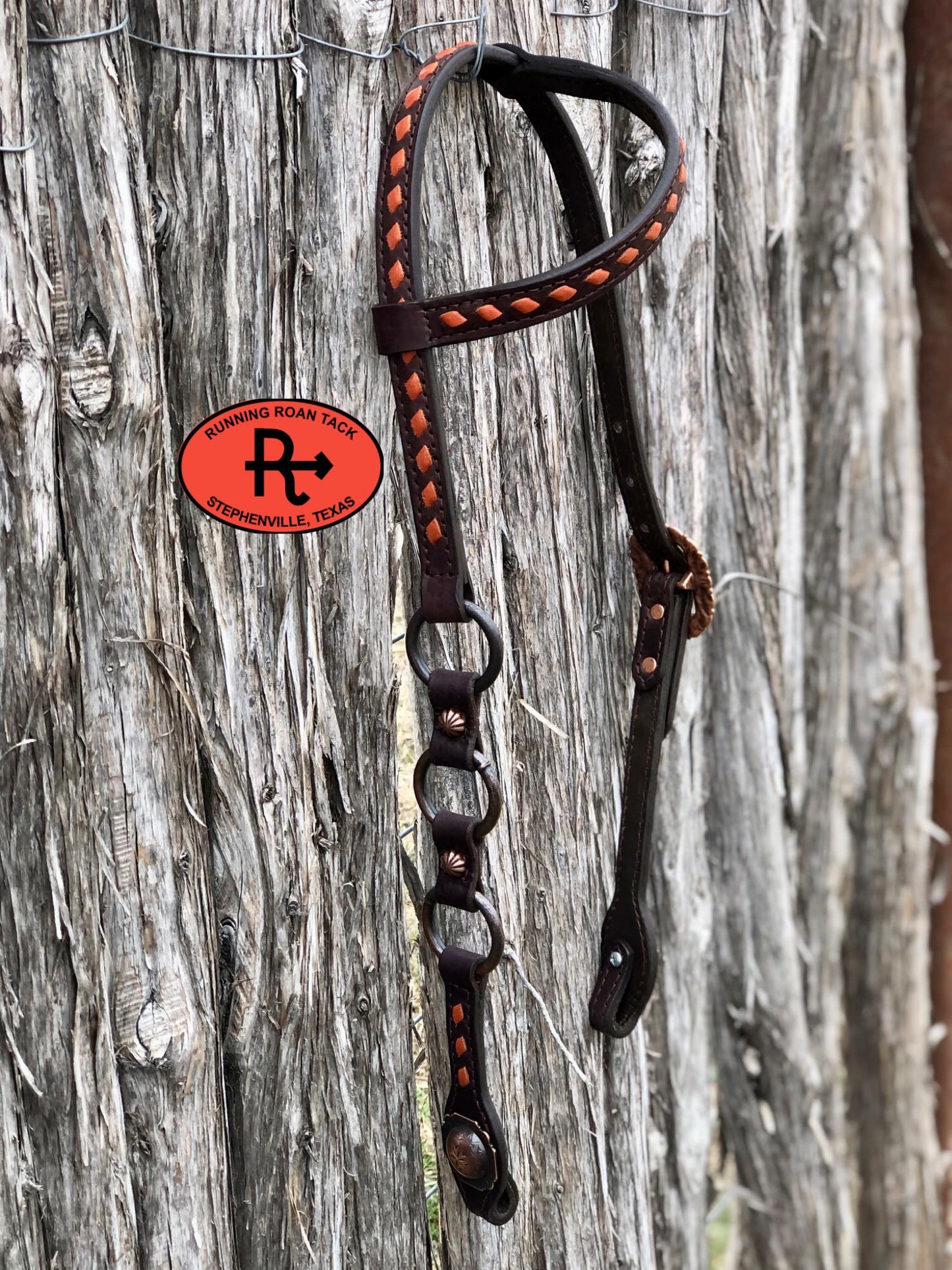 Single Ear Ring Headstall with Whisky Buckstitch and Copper Hardware 38"-42"