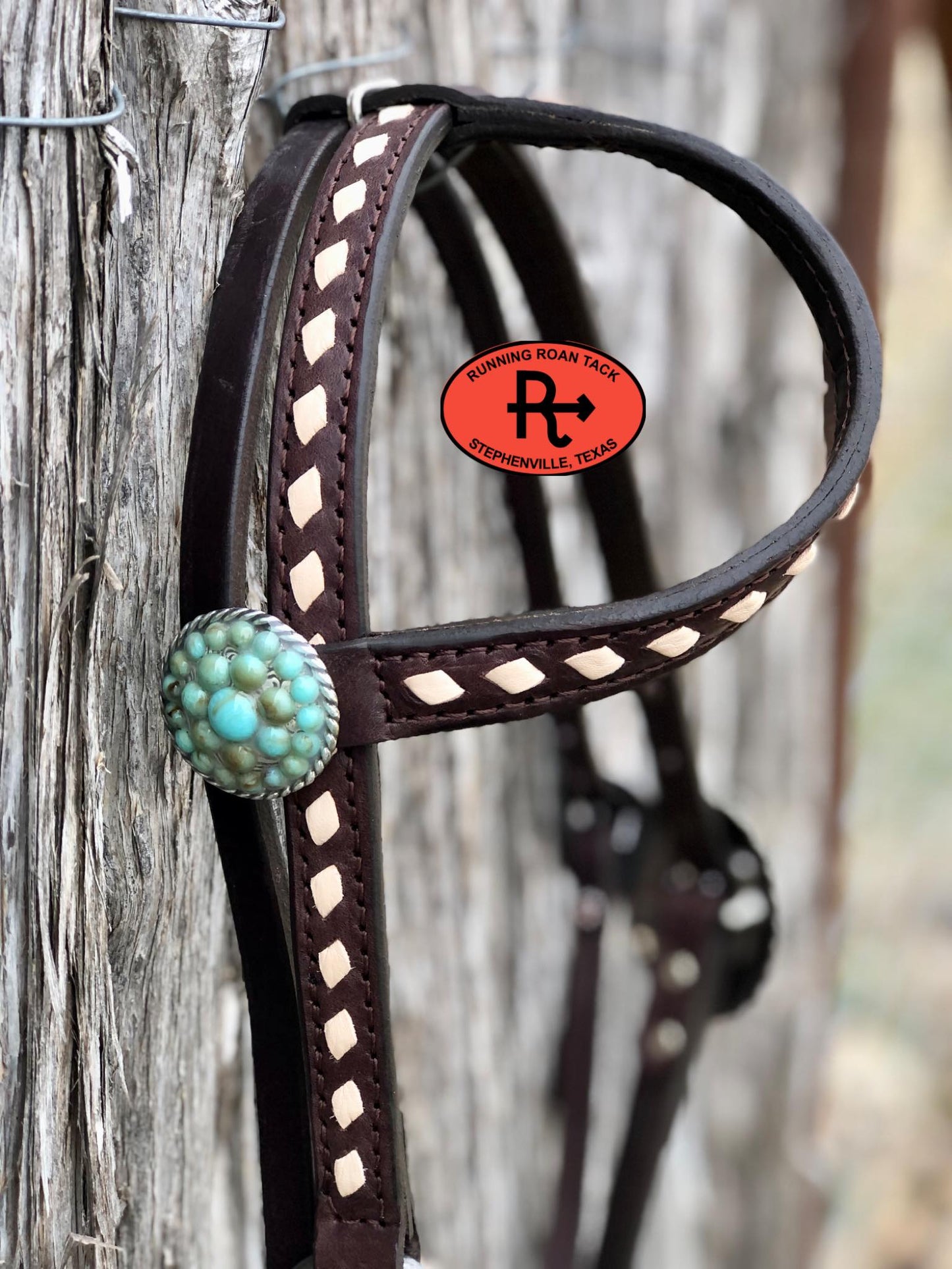 Single Ear with Throatlatch Ring Headstall with White Buckstitch and Turquoise Stone Hardware 38"-42"