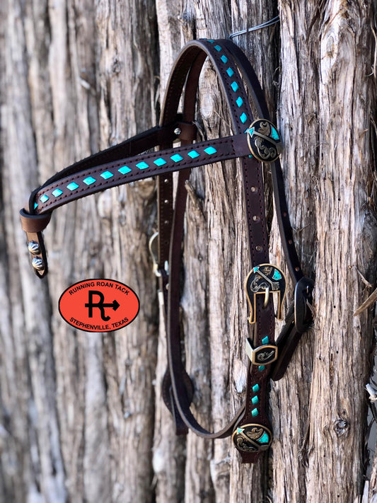 Futurity Knot Short Cheek Headstall with Metallic Aqua Buckstitch and German Silver Feather Hardware 29"-37"