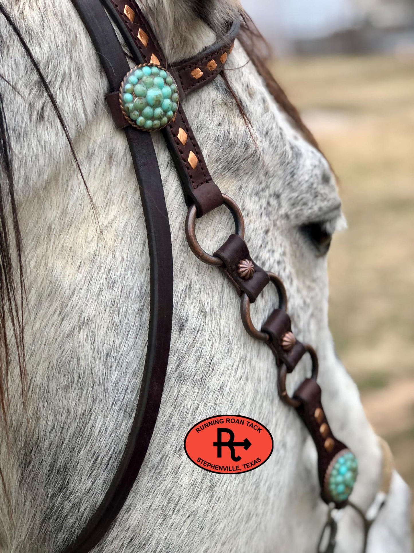 Single Ear with Throatlatch Ring Headstall with Copper Buckstitch and Turquoise Stone Hardware 38"-42"