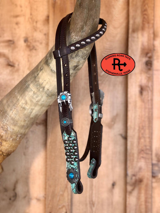 Single Ear with Throatlatch Headstall with Turquoise Croc and Flower Hardware 29"-37"