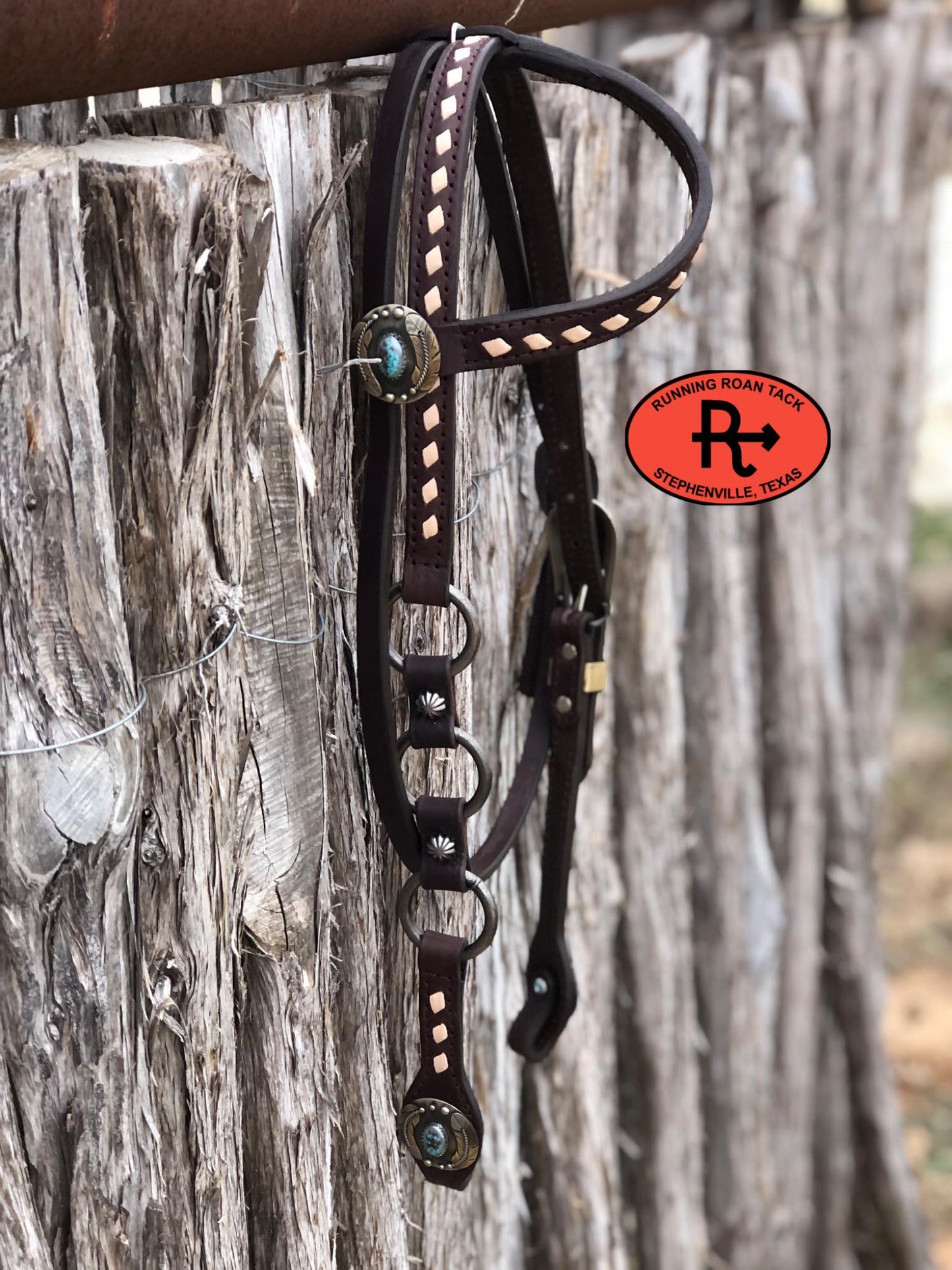 Single Ear with Throatlatch Ring Headstall with White Buckstitch and German Silver Hardware 39"-43"