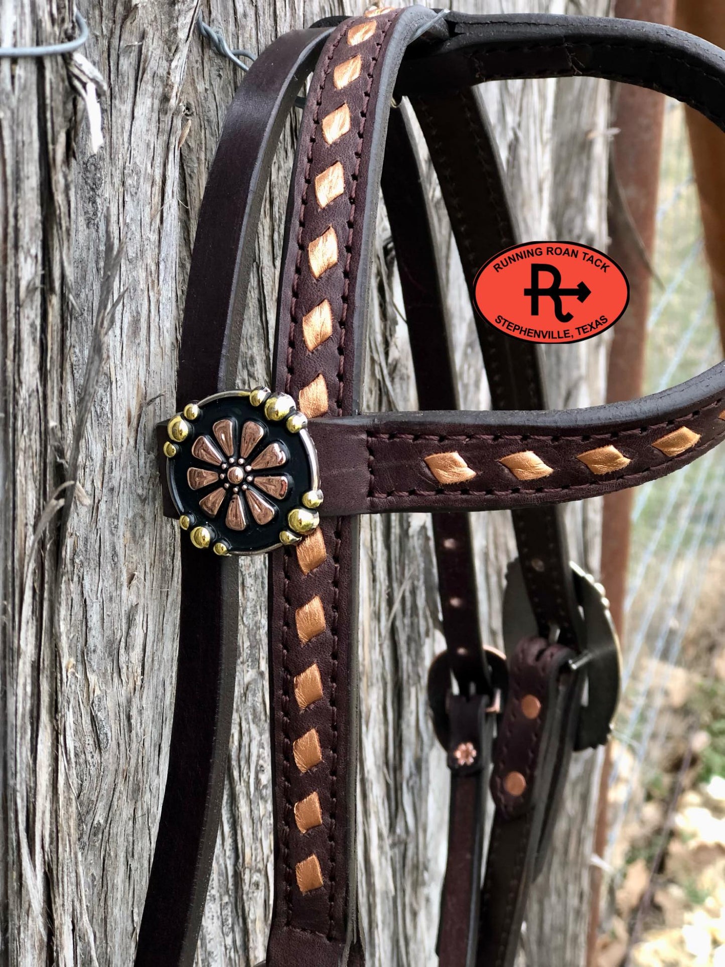 Single Ear with Throatlatch Ring Headstall with Copper Buckstitch and Tricolor Daisy Hardware 36"-40"