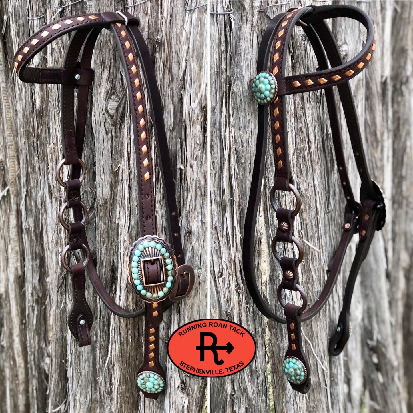 Single Ear with Throatlatch Ring Headstall with Copper Buckstitch and Turquoise Stone Hardware 38"-42"