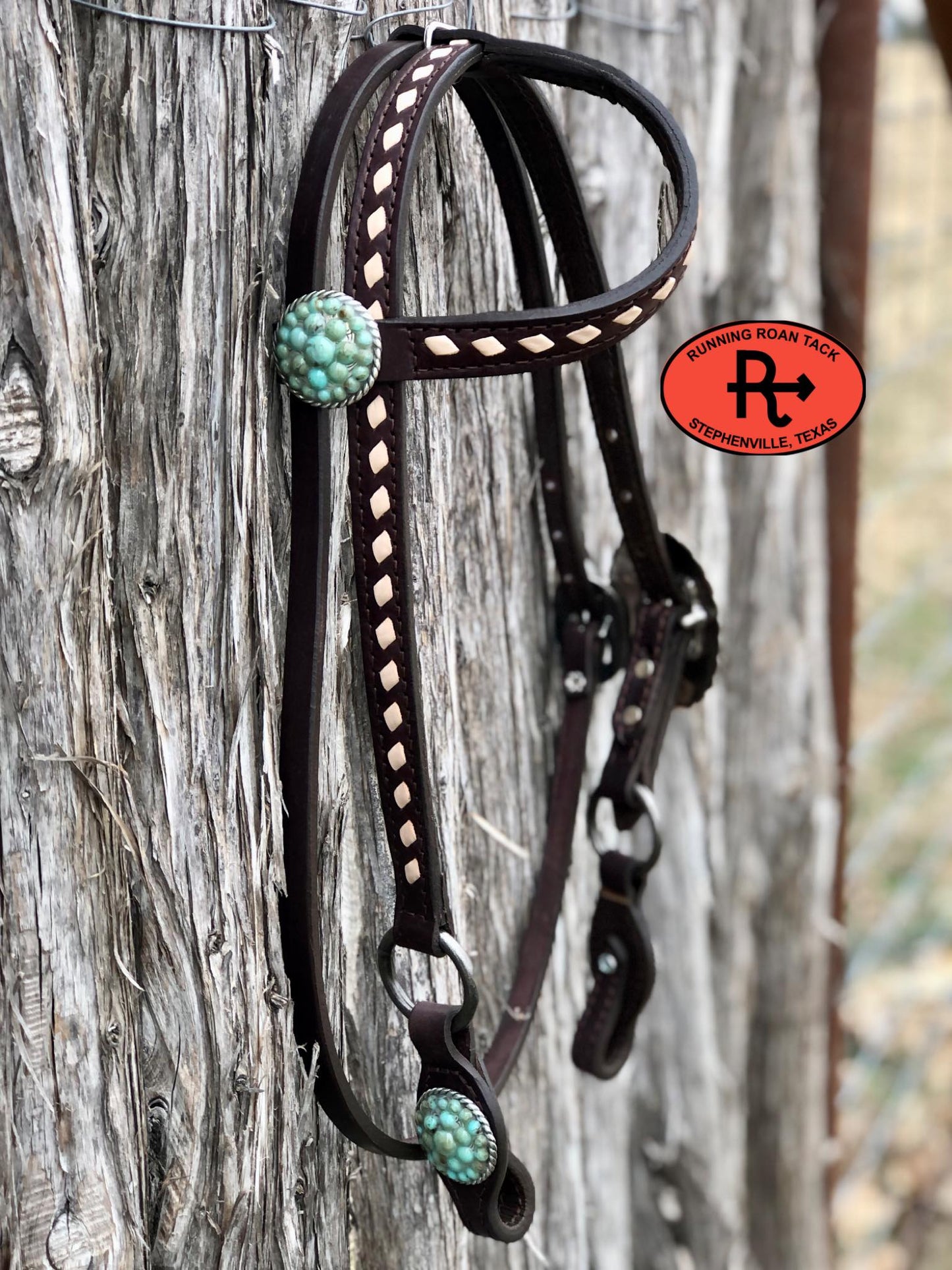 Single Ear Short Gag Ring Headstall with White Buckstitch and Turquoise Stone Hardware 33"-37"