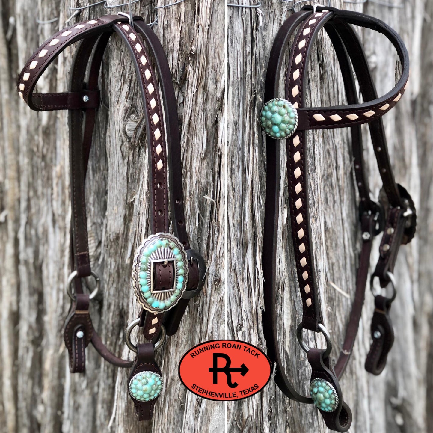 Single Ear Short Gag Ring Headstall with White Buckstitch and Turquoise Stone Hardware 33"-37"