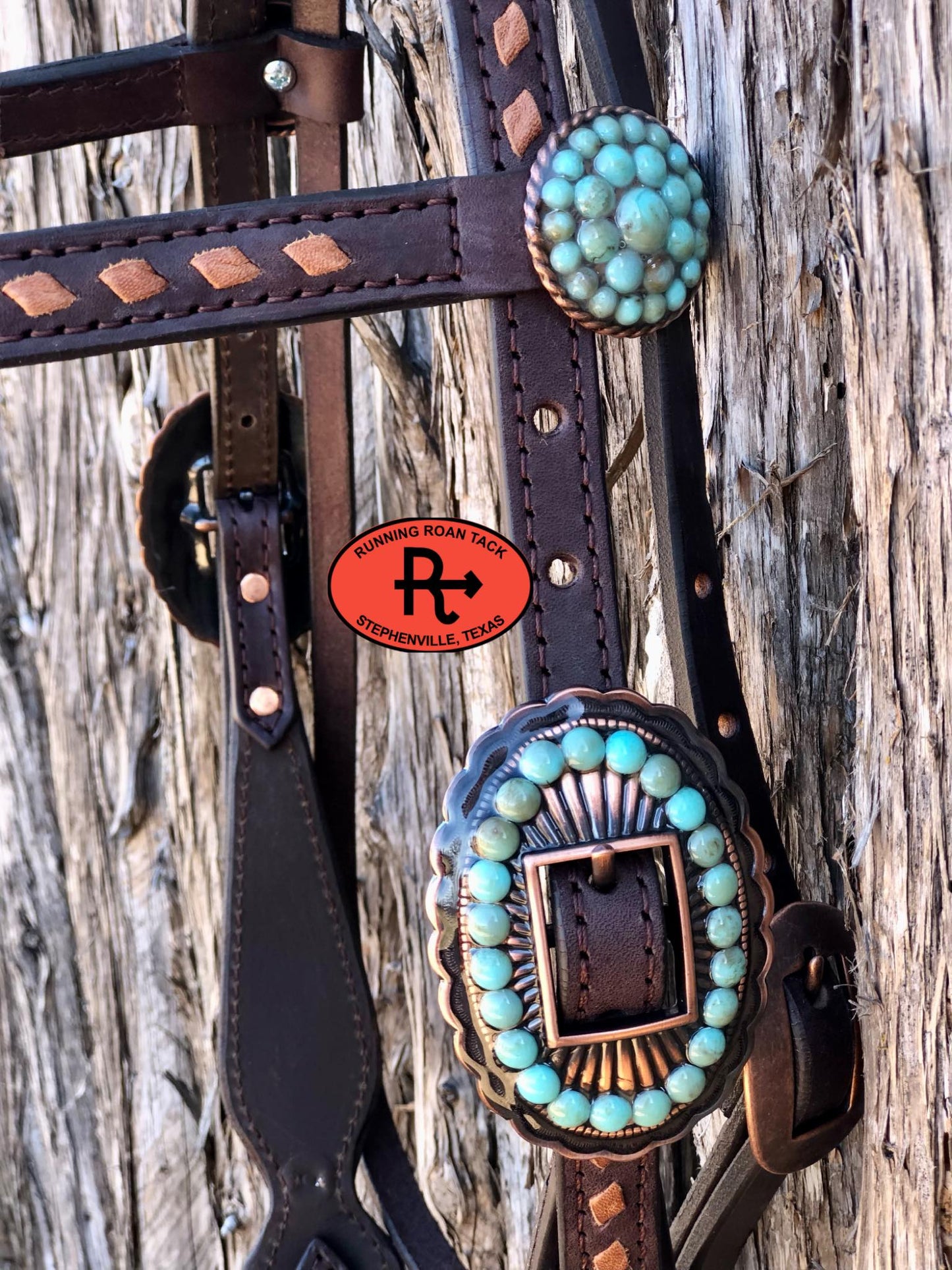 Futurity Knot Browband Headstall with Hair On Leopard, Tan Buckstitch and Faux Turquoise Hardware 36"-43"