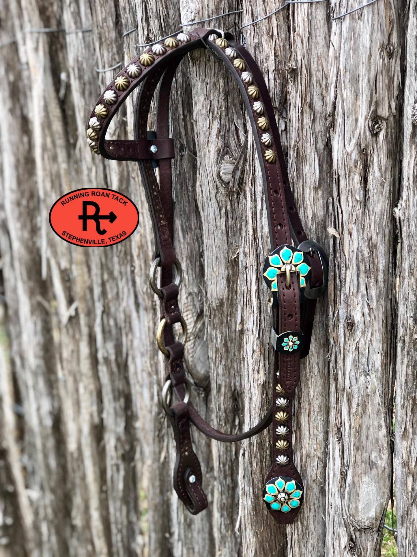 Single Ear with Throatlatch Ring Headstall with German Silver Turquoise Flower Hardware 36"-40"