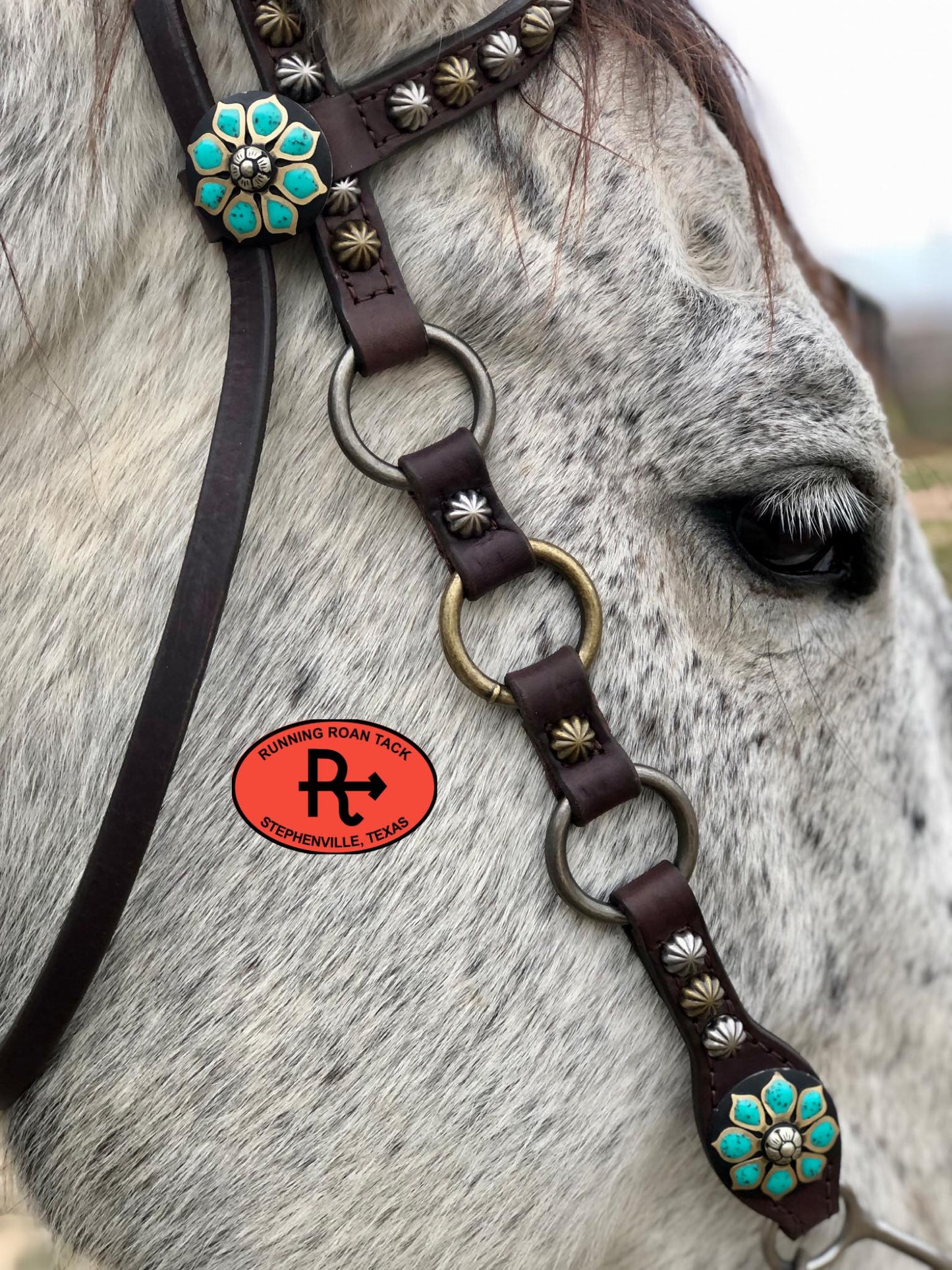 Single Ear with Throatlatch Ring Headstall with German Silver Turquoise Flower Hardware 36"-40"