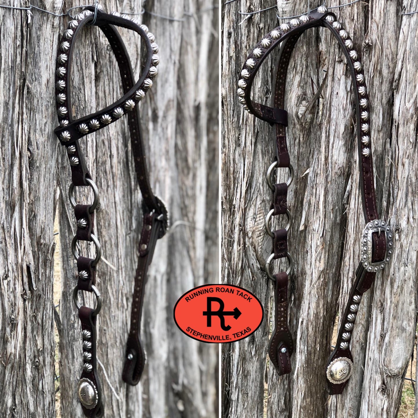 Single Ear Ring Headstall with Antique Silver Parachute Dots and Hardware 38"-42"