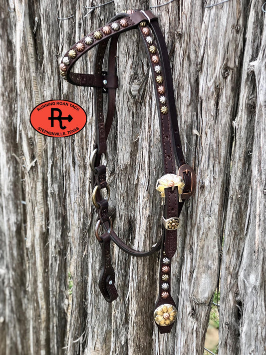 Single Ear with Throatlatch Ring Headstall with and Tricolor Flower Hardware 38"-42"