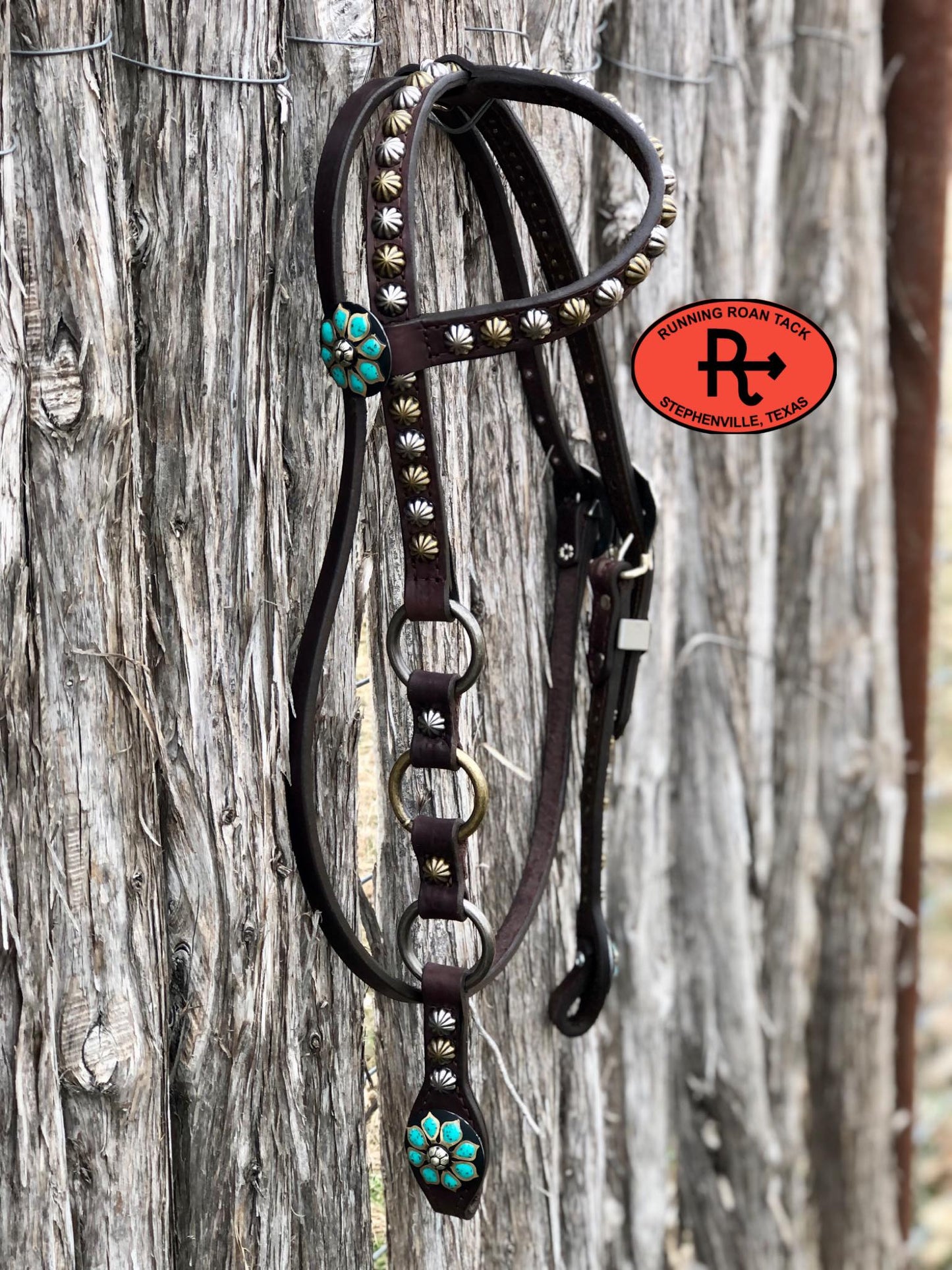 Single Ear with Throatlatch Ring Headstall with German Silver Turquoise Flower Hardware 36"-40"