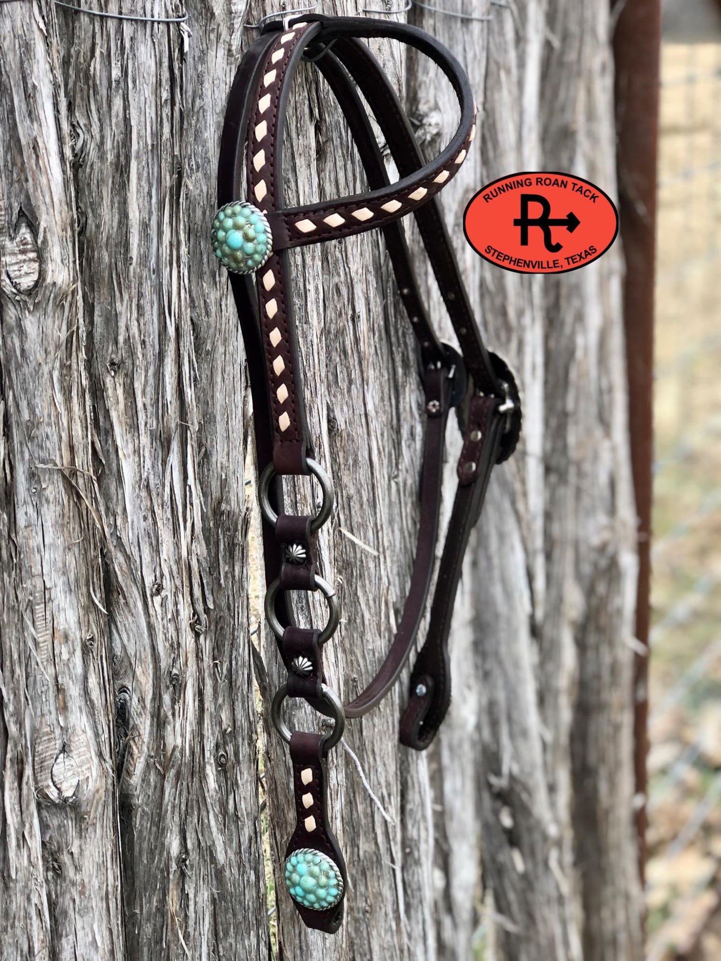 Single Ear with Throatlatch Ring Headstall with White Buckstitch and Turquoise Stone Hardware 38"-42"