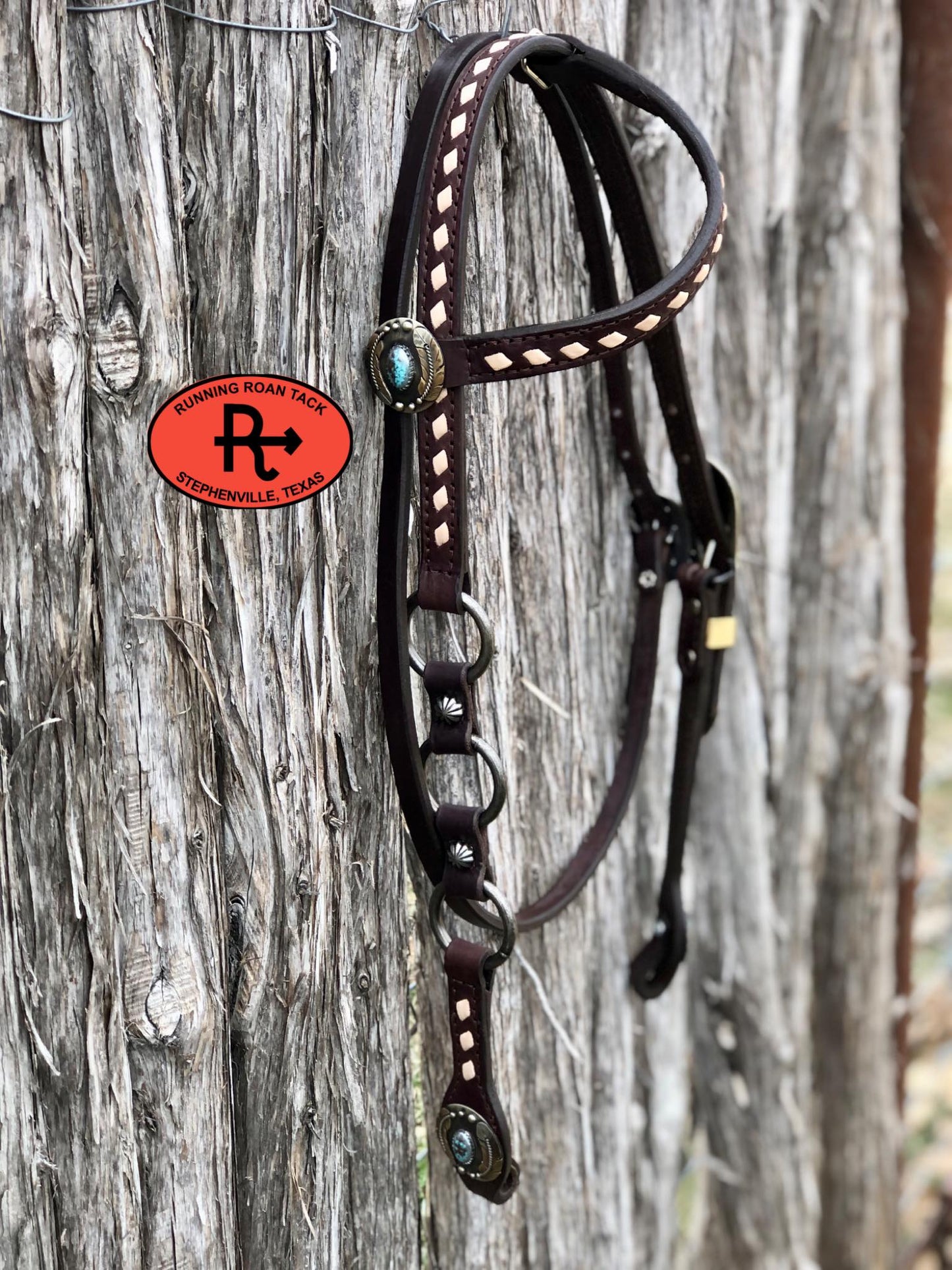 Single Ear with Throatlatch Ring Headstall with White Buckstitch and German Silver Hardware 39"-43"